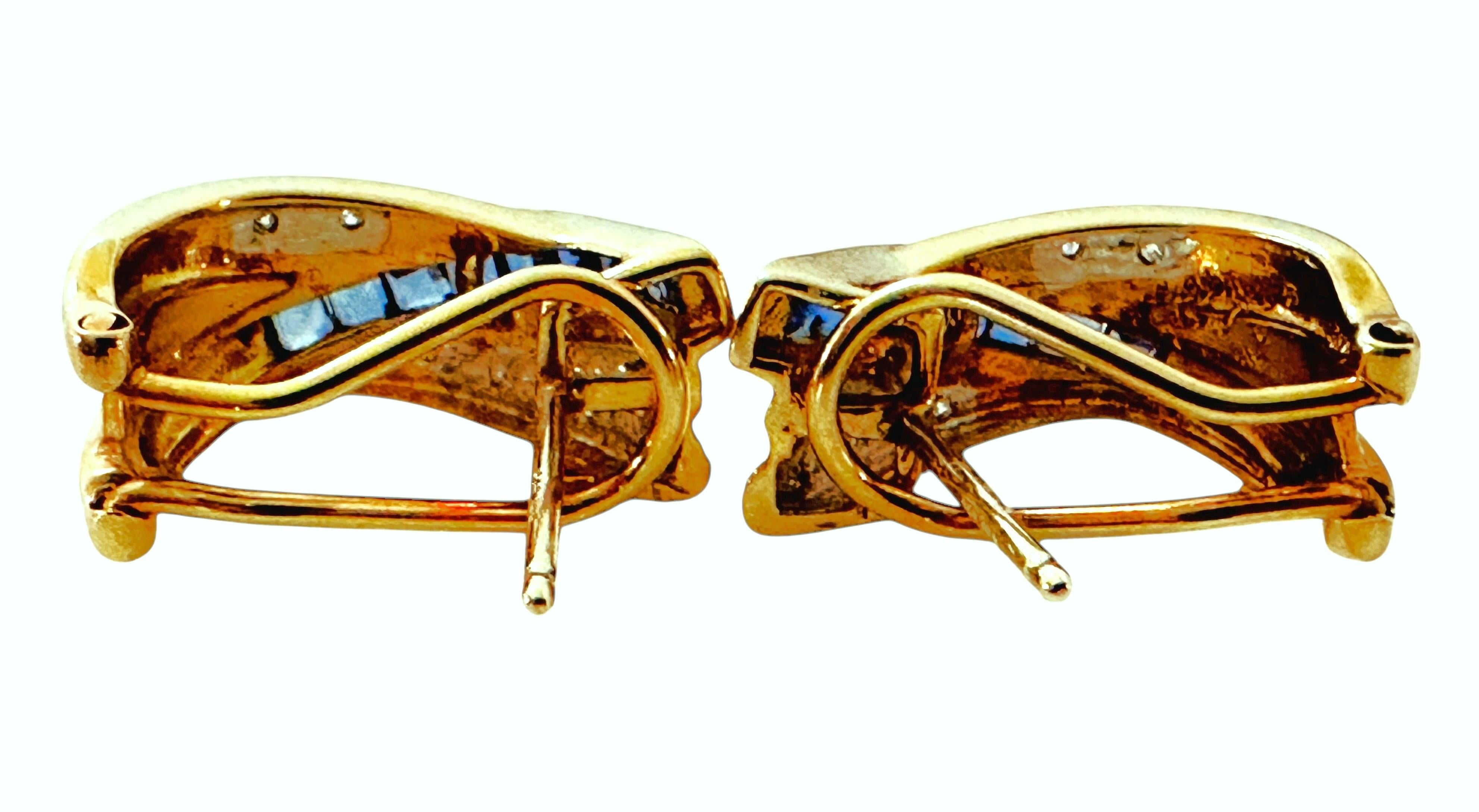 Women's 14k Yellow Gold .50 Carat Princes Cut Sapphire & Diamond Omega Back Earrings For Sale
