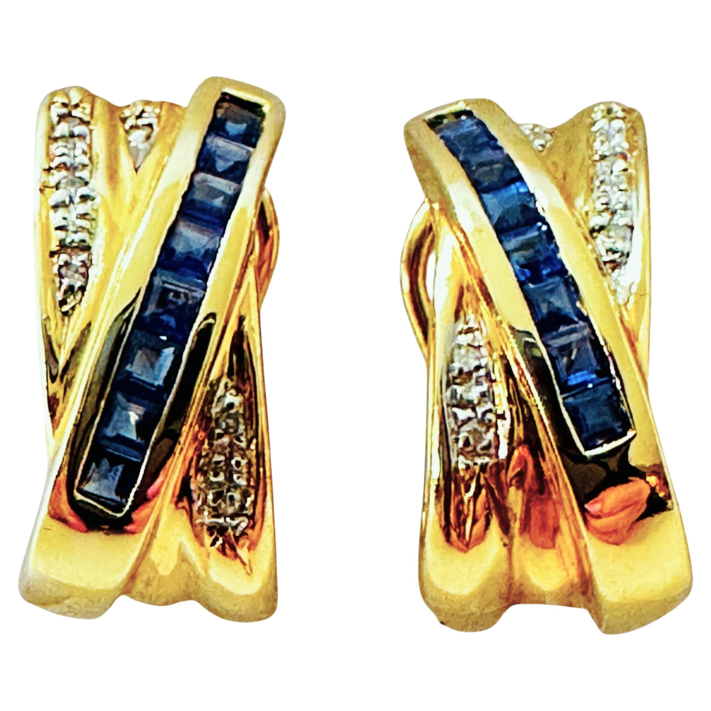 14k Yellow Gold .50 Carat Princes Cut Sapphire & Diamond Omega Back Earrings