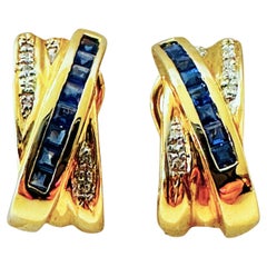 14k Yellow Gold .50 Carat Princes Cut Sapphire & Diamond Omega Back Earrings