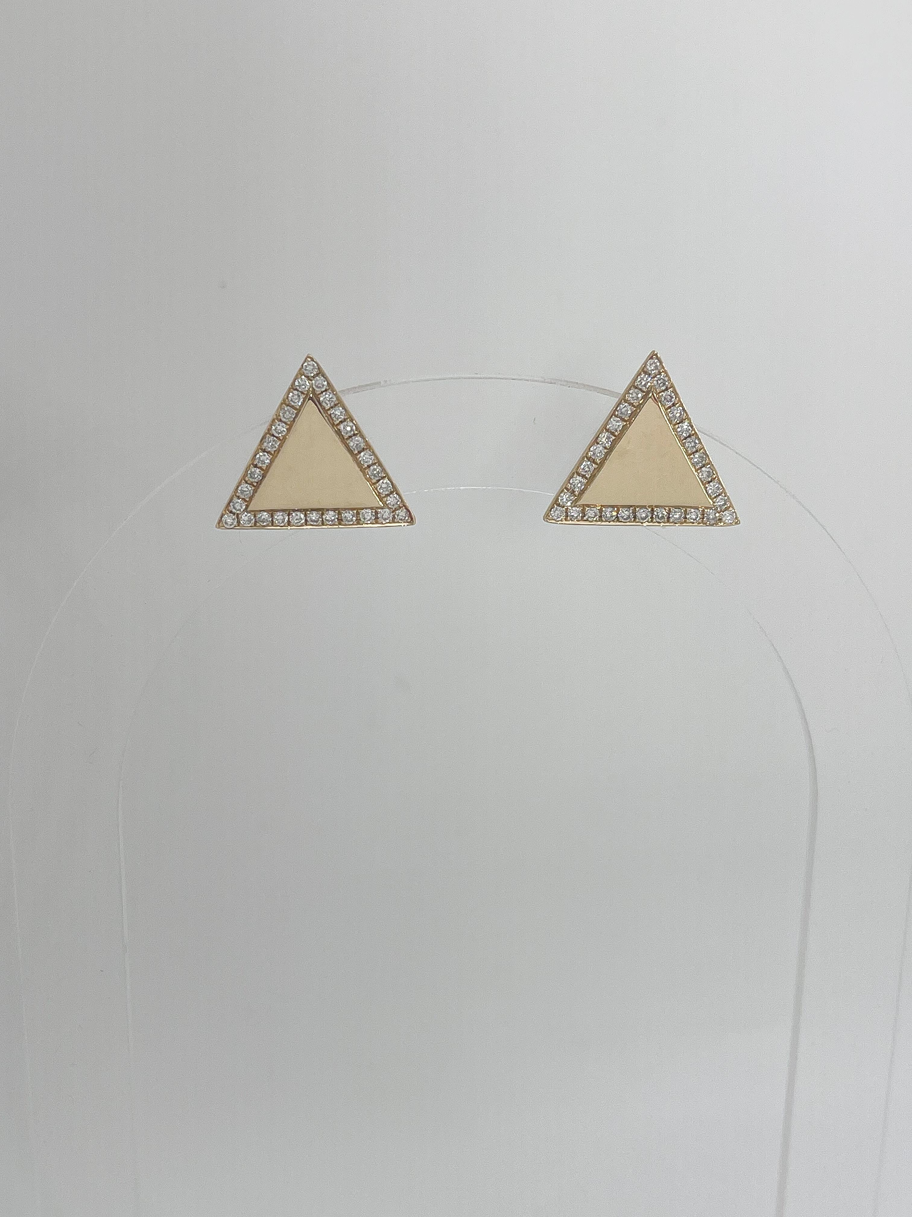 14k yellow gold .50 CTW diamond triangle shape stud earrings. The diamonds in these earrings are all round, they measure to be 16.7mm x 14.7mm, they have a friction back to close, and they have a total weight of 3.3 grams. 