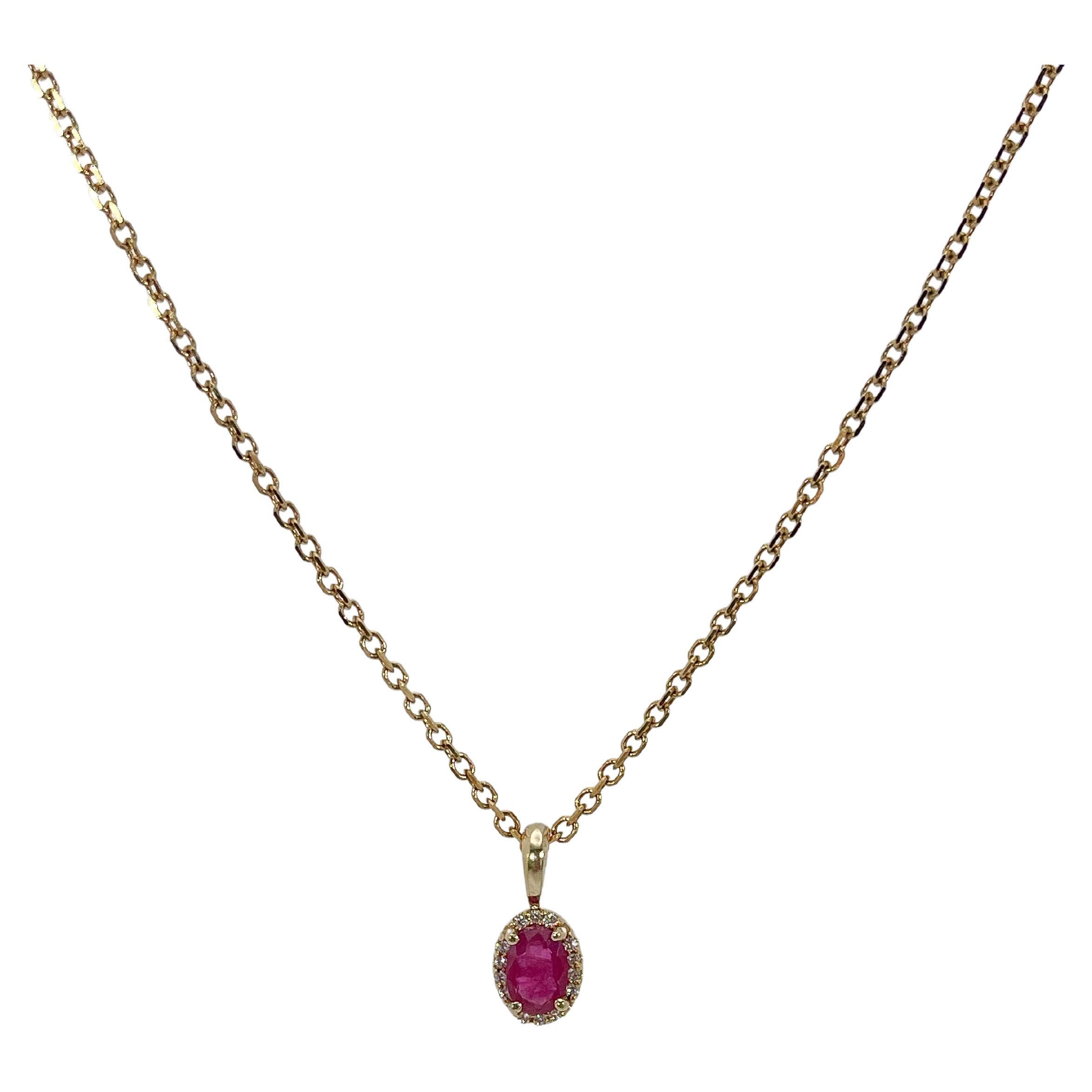 14K Yellow Gold .50 CTW Ruby and Diamond Halo Pendant Necklace For Sale