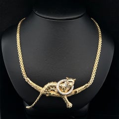 14k Yellow Gold .50ctw Diamond Leopard Panther 14" Bismark Chain Link Necklace