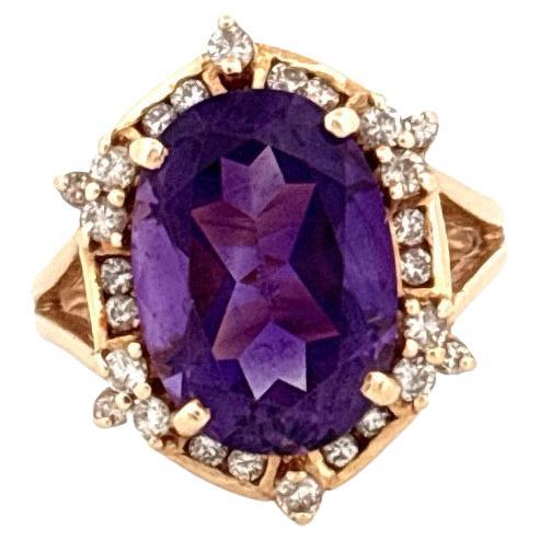 Retro 14K Yellow Gold 5.15 Carat Oval Cut Amethyst & 0.42 Carat Diamond Ring For Sale