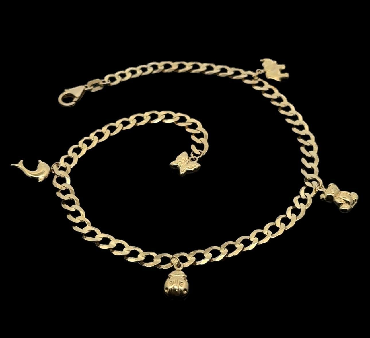 Tobillera de oro amarillo de 14k 5.21mm Cadena de ribete con colgantes Colgantes de animales Tobillera en venta 6