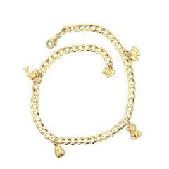 14k Yellow Gold 5.21mm Curb Chain Dangle Animal Charms Anklet Ankle Bracelet