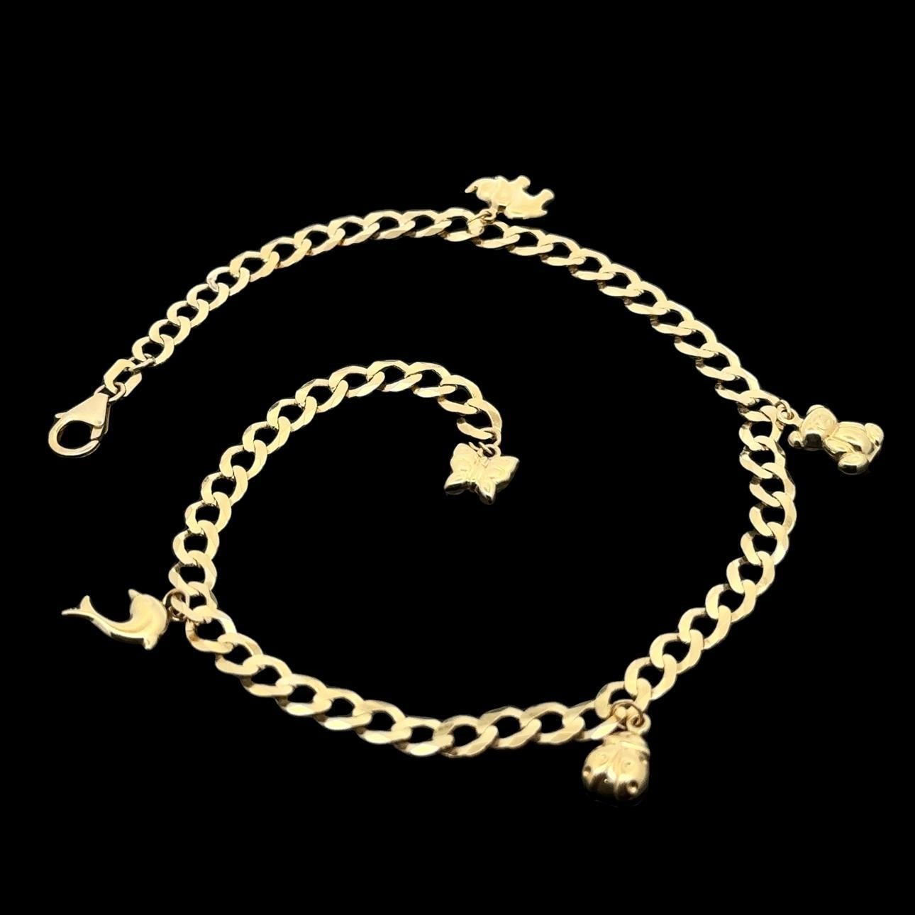 Tobillera de oro amarillo de 14k 5.21mm Cadena de ribete con colgantes Colgantes de animales Tobillera en venta 4