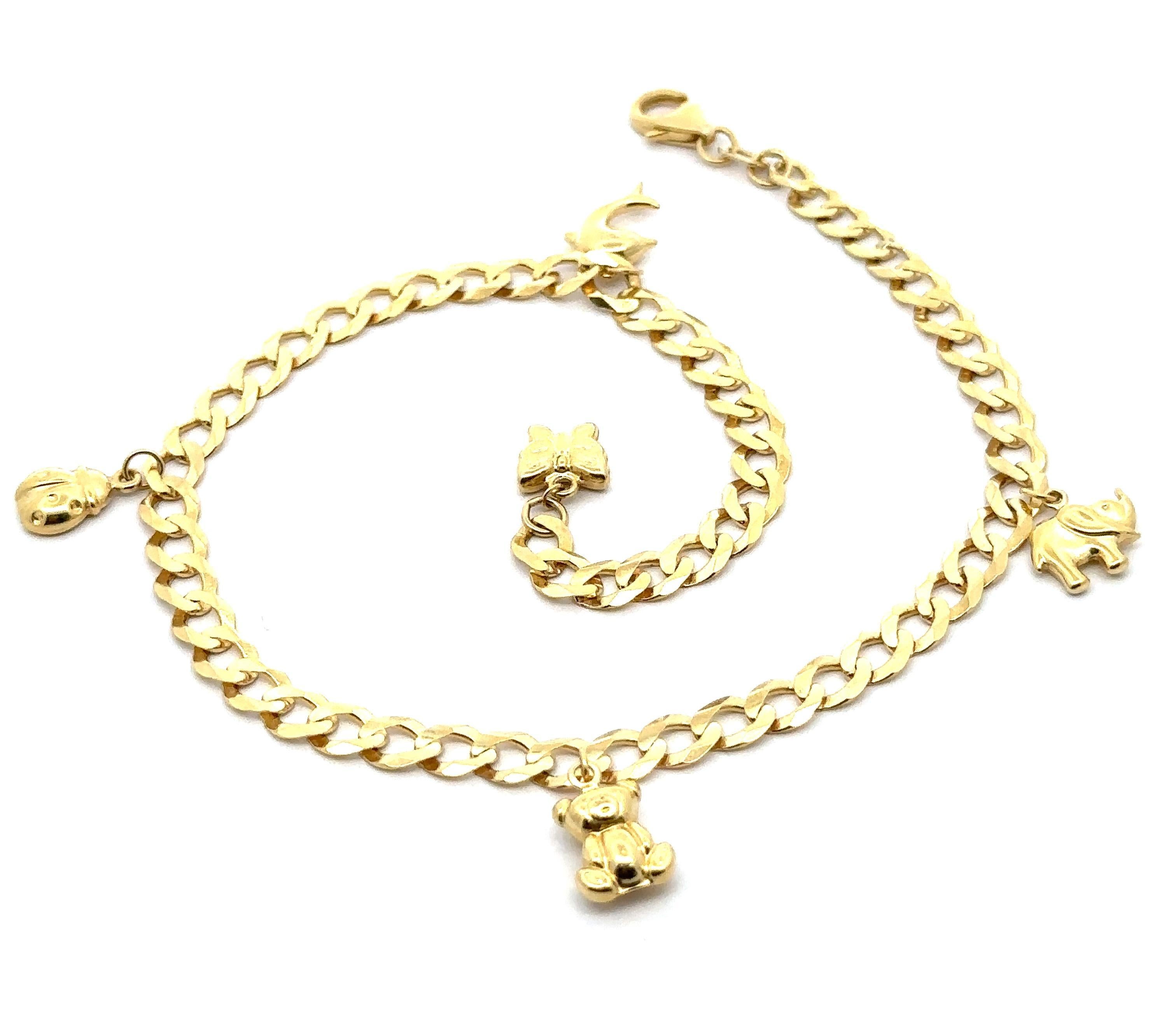 Tobillera de oro amarillo de 14k 5.21mm Cadena de ribete con colgantes Colgantes de animales Tobillera en venta 5
