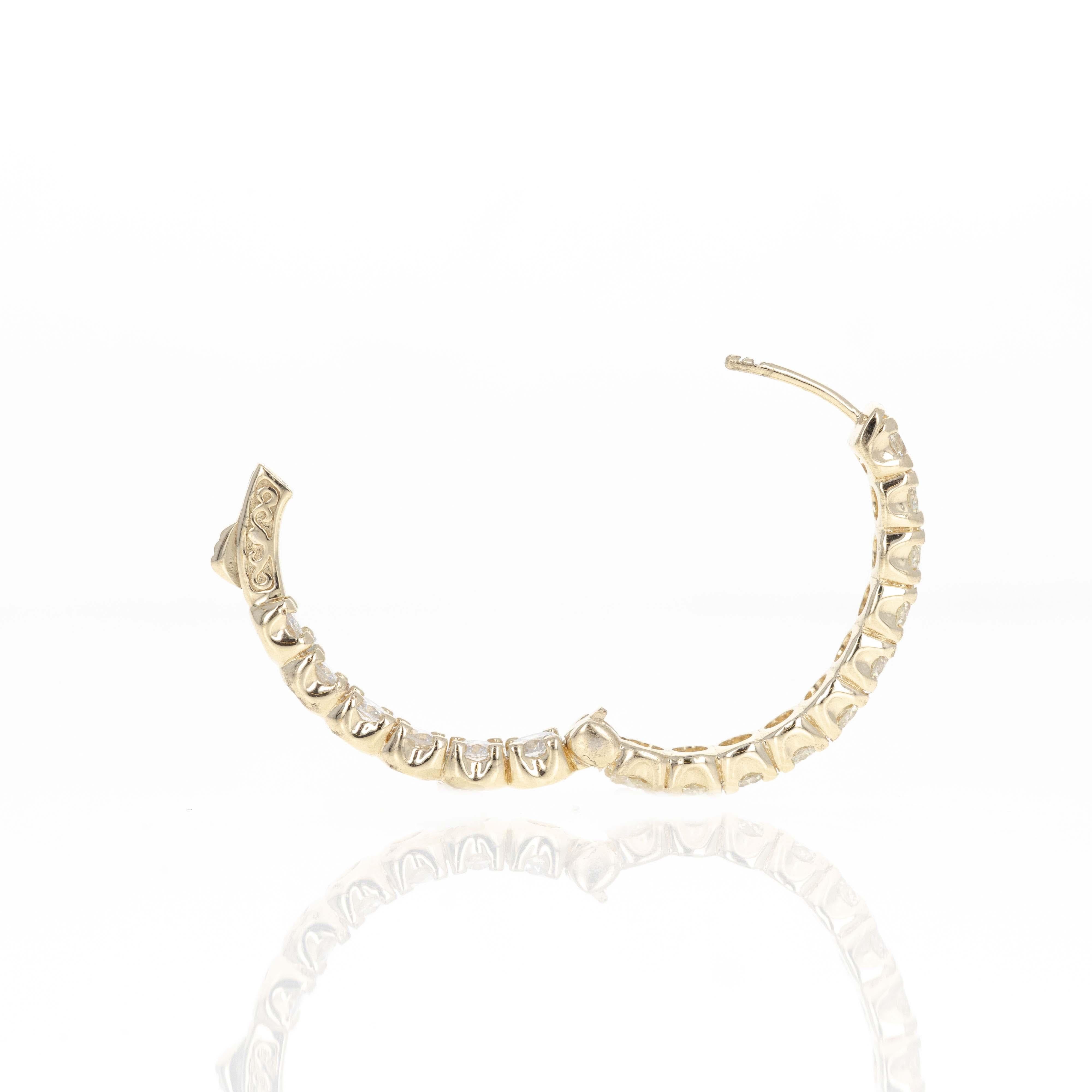 Époque : New
Composition : Or jaune 14K
Pierre principale : Trente-deux diamants ronds taillés en brillant
Poids total en carats : 5,30 carats 
Couleur / Clarté : G-H / SI1-2
Poids de la boucle d'oreille : 10.8 Grammes
Longueur de la boucle