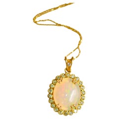 14k Yellow Gold 5.35CT Oval Shape Natural Opal Necklace with Diamond Accents