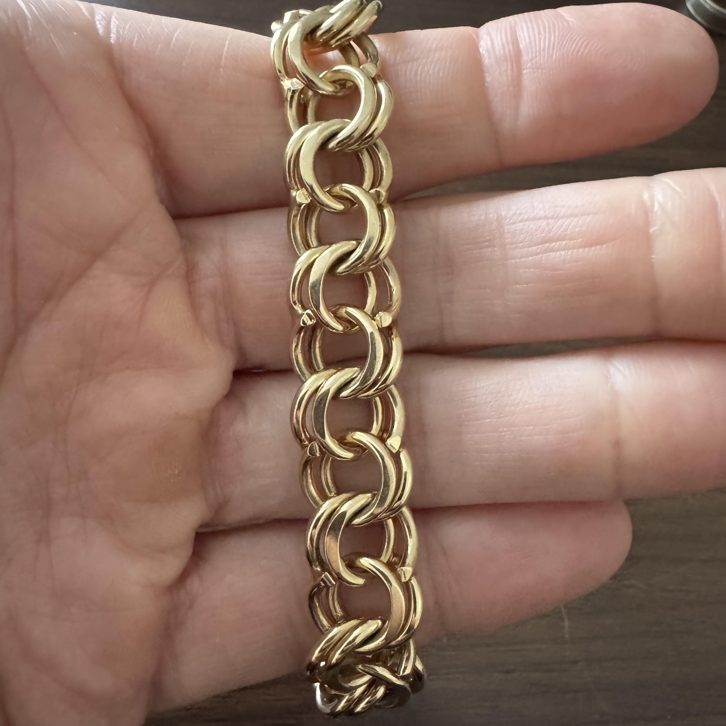 Condition:  Excellent Condition, Professionally Cleaned and Polished
Metal:  14k Gold (Marked, and Professionally Tested)
Weight:  53.2g
Length:  7.5 Inches
Width:  13mm
Closure: Box Tab Insert with Safety Latch
Markings:  