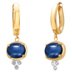 14K Yellow Gold 5.45 Carats Cabochon Sapphire and Diamond Lever Back Earrings
