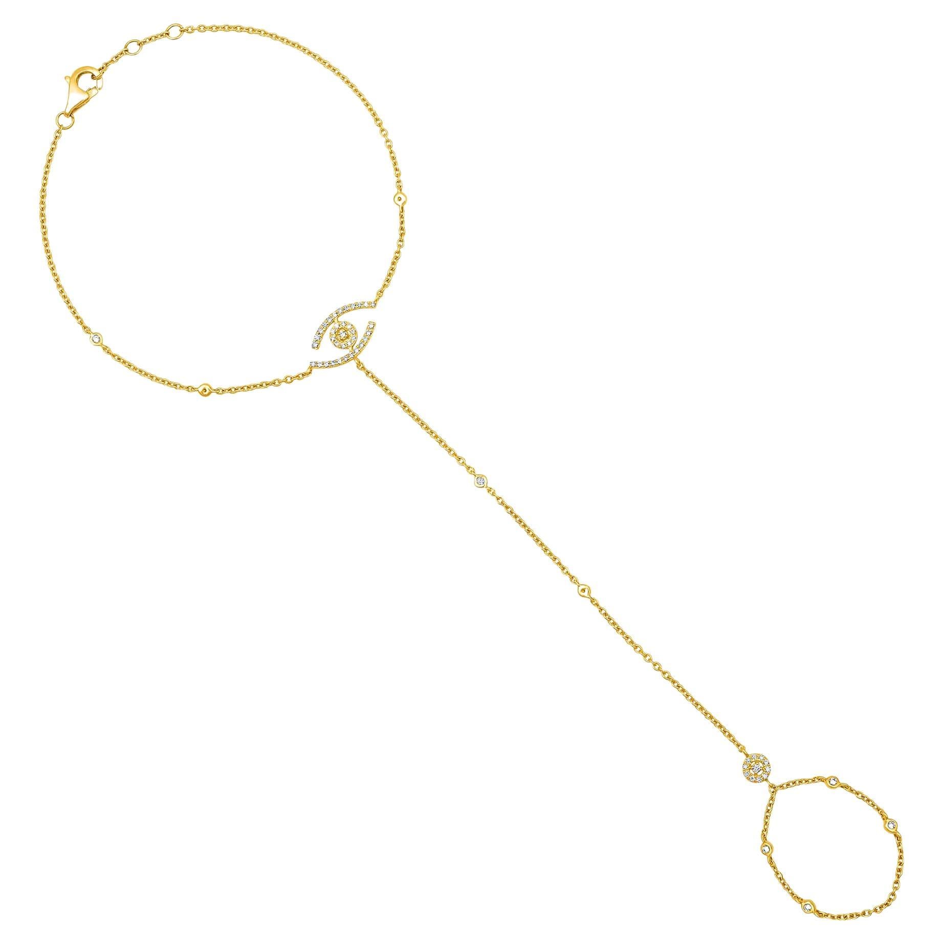 Chaîne à la main Evil Eye en or jaune 14 carats avec 55 diamants