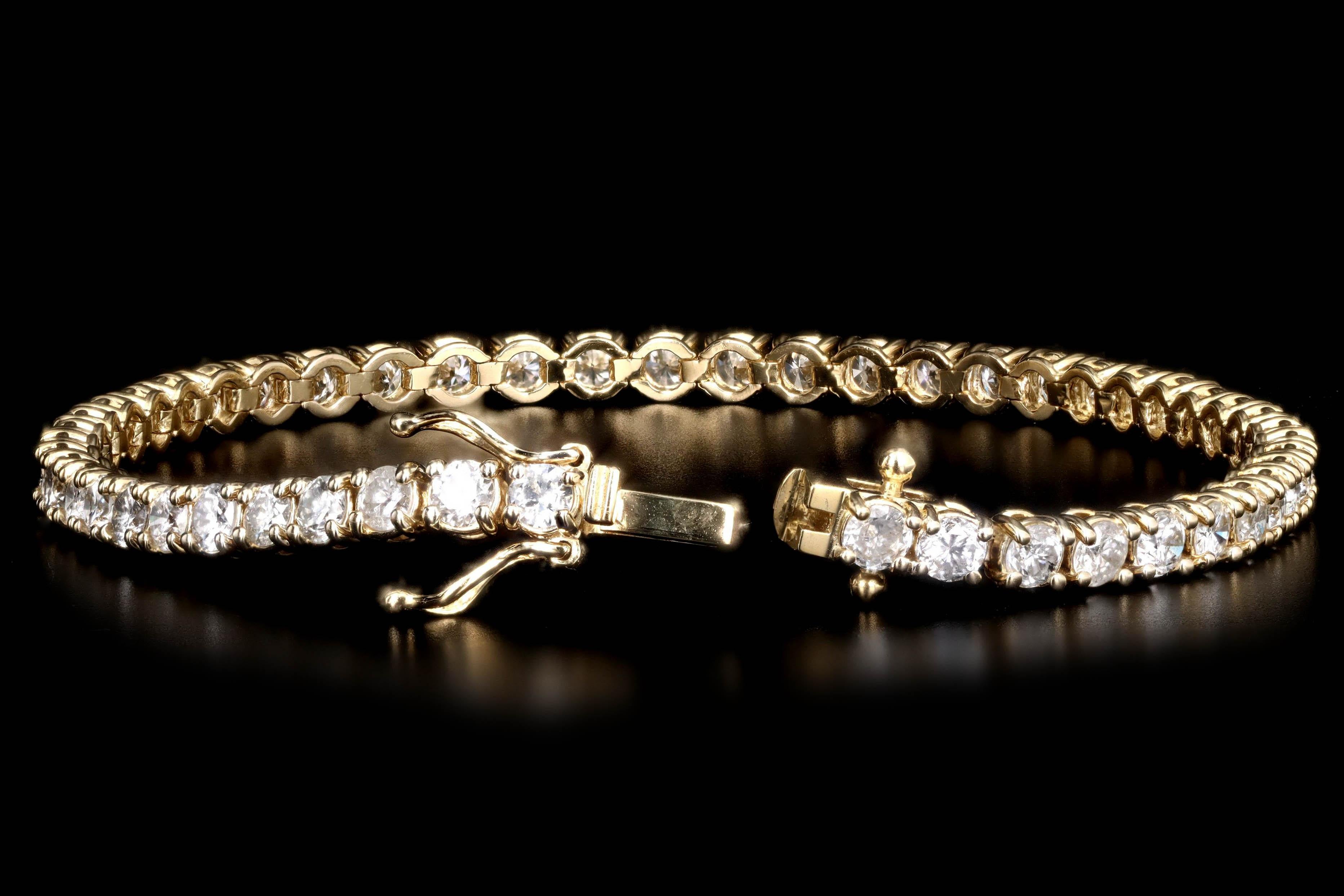 14K Gelbgold 5,56 Karat Gesamtgewicht runder Brillant Diamant-Tennisarmband im Zustand „Neu“ in Cape May, NJ