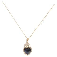 14K Yellow Gold 5.59ct Sapphire & Diamond Heart Pendant Necklace