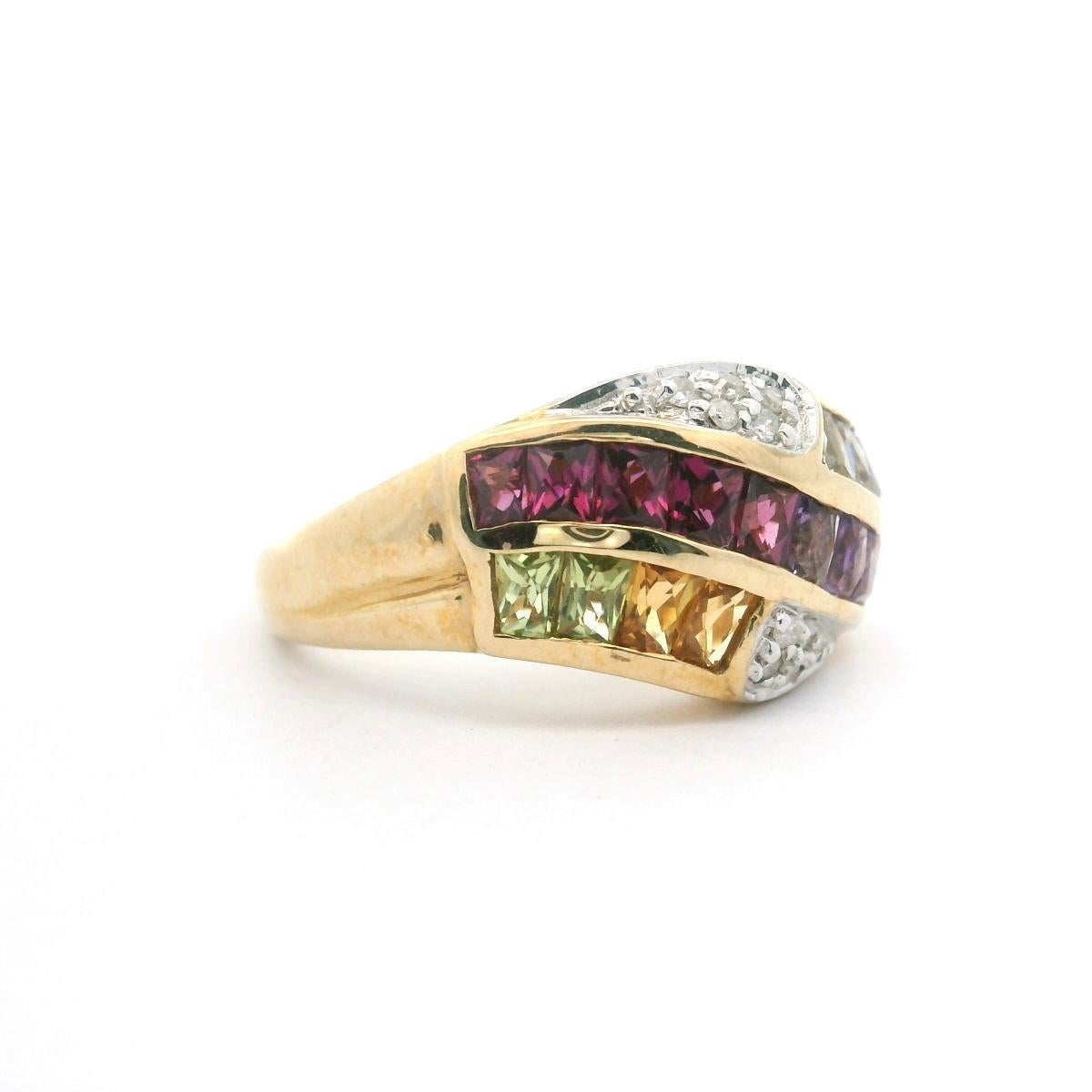 14k Yellow Gold 5.5g Multi Gemstone and Diamond Band Ring Size 6.5 In Good Condition In Guilford, CT