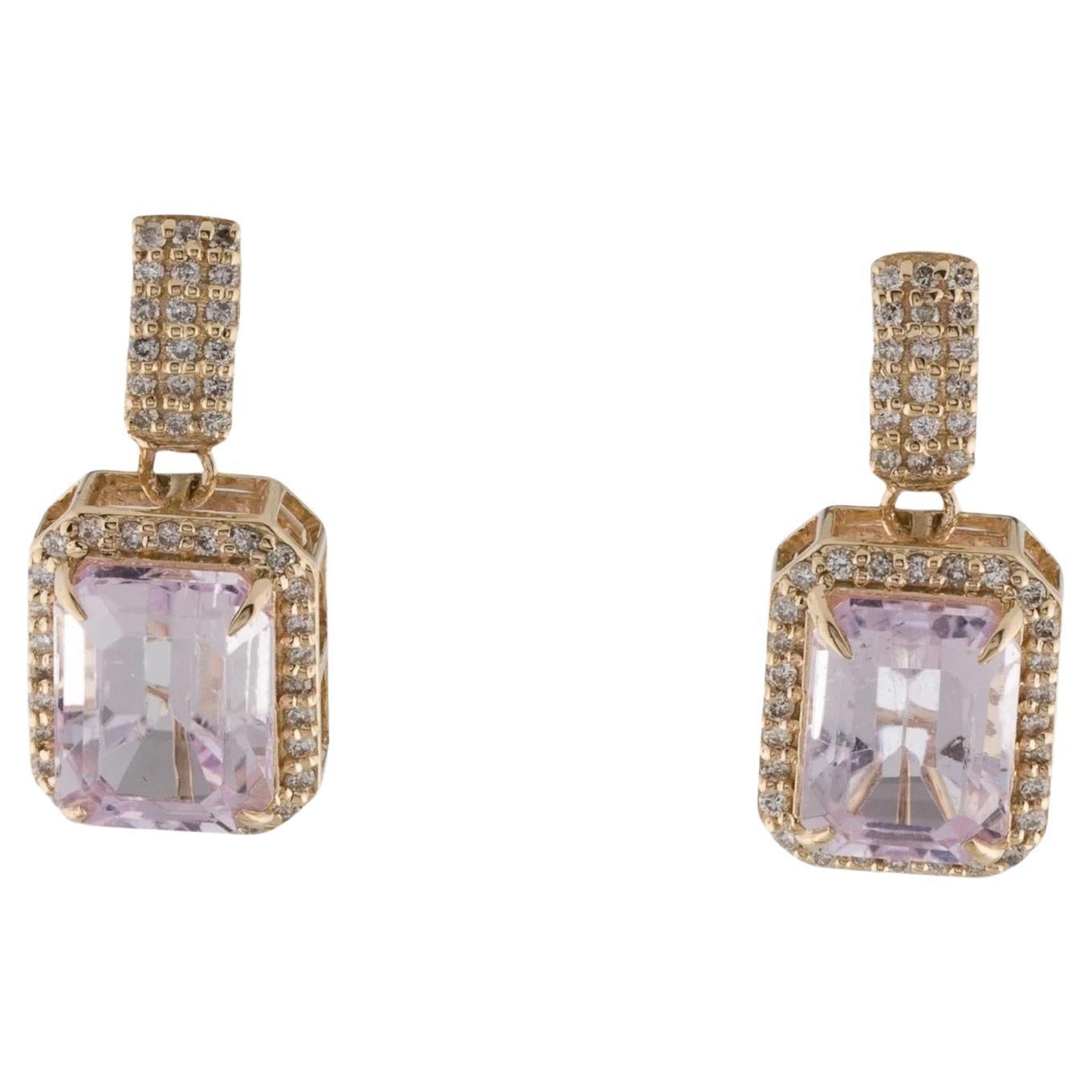 14K Yellow Gold 5.64ctw Kunzite & Diamond Drop Earrings  Emerald Cut Kunzite
