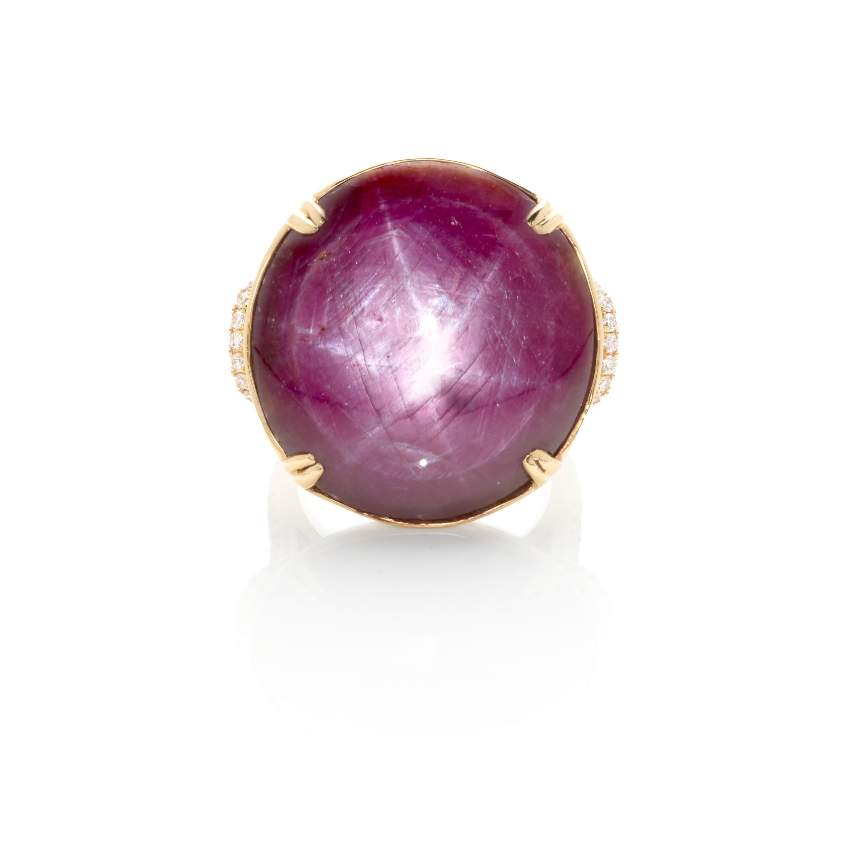 Women's or Men's 14k Yellow Gold 56.81 Ct Star Ruby Solitaire Ring with Diamond Accents Size 7 For Sale