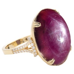 14k Yellow Gold 56.81 Ct Star Ruby Solitaire Ring with Diamond Accents Size 7