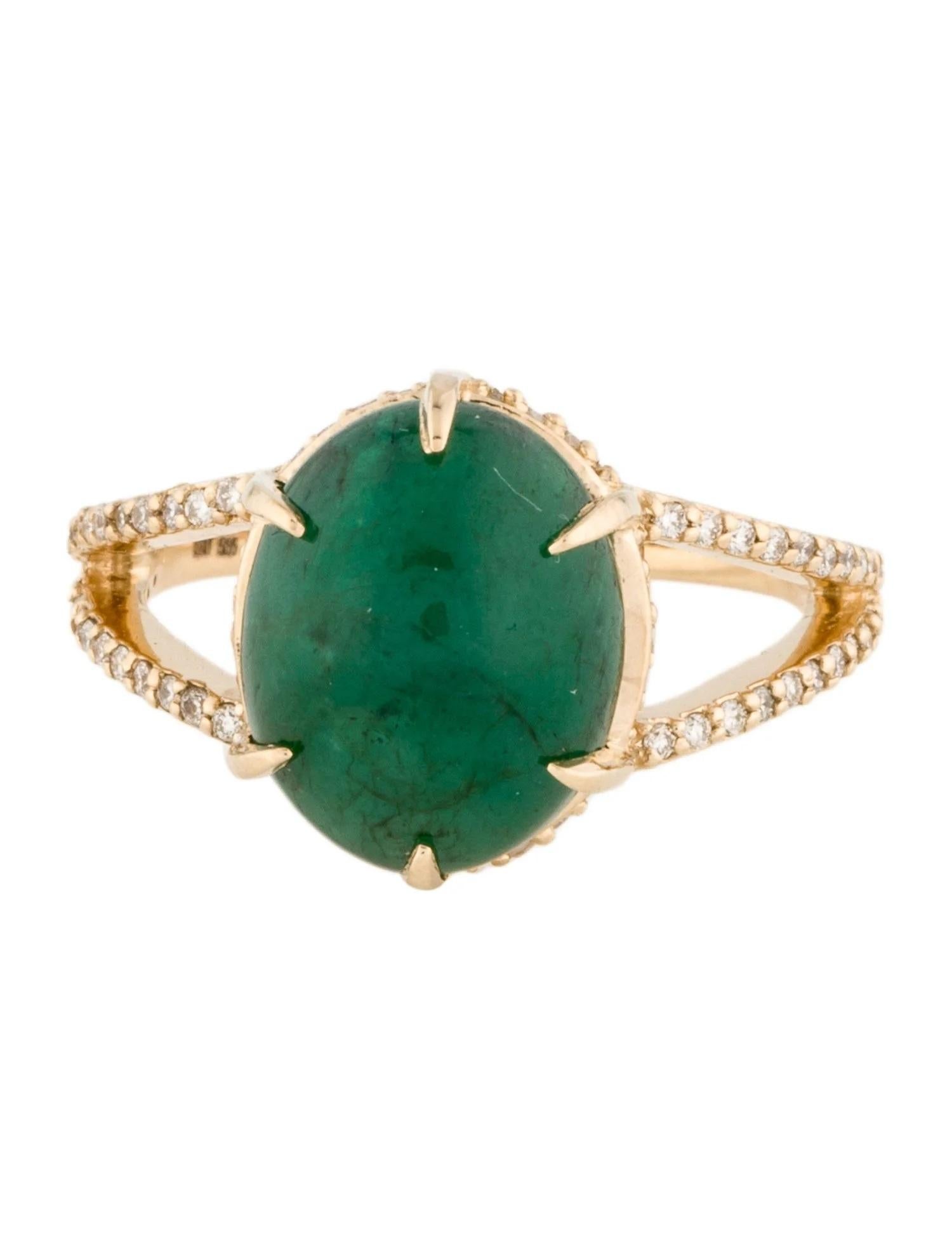 Artist 14K Yellow Gold 5.77 Carat Oval Cabochon Emerald & Diamond Cocktail Ring, Size 6 For Sale