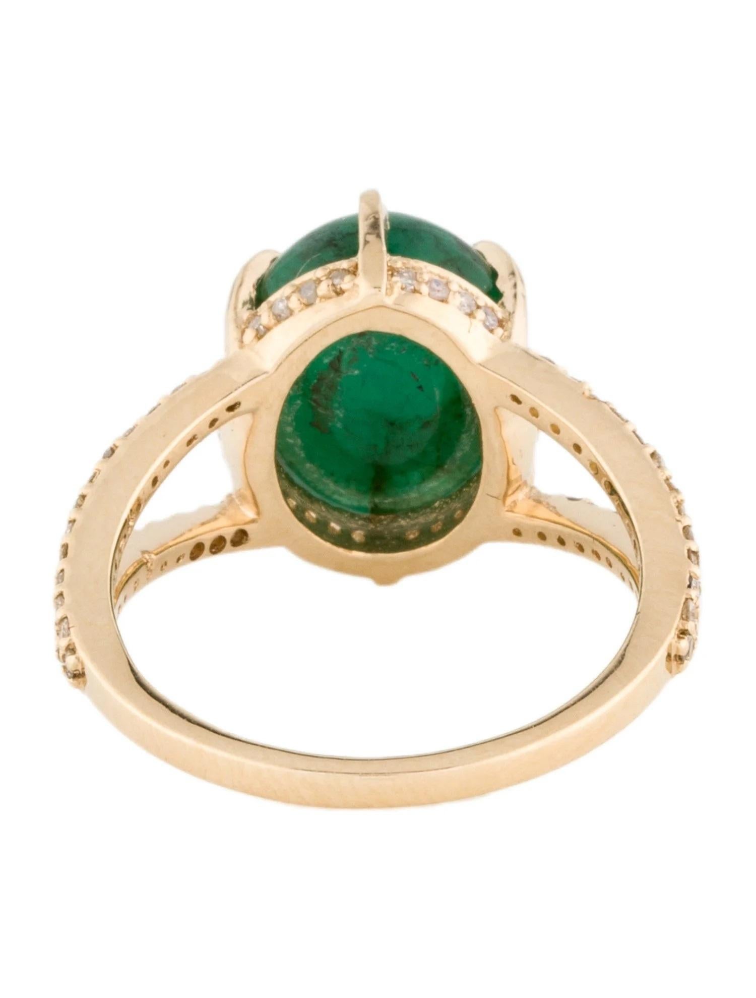 Oval Cut 14K Yellow Gold 5.77 Carat Oval Cabochon Emerald & Diamond Cocktail Ring, Size 6 For Sale