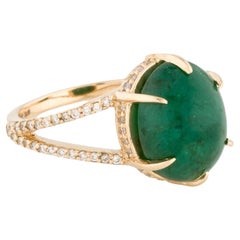14K Yellow Gold 5.77 Carat Oval Cabochon Emerald & Diamond Cocktail Ring, Size 6