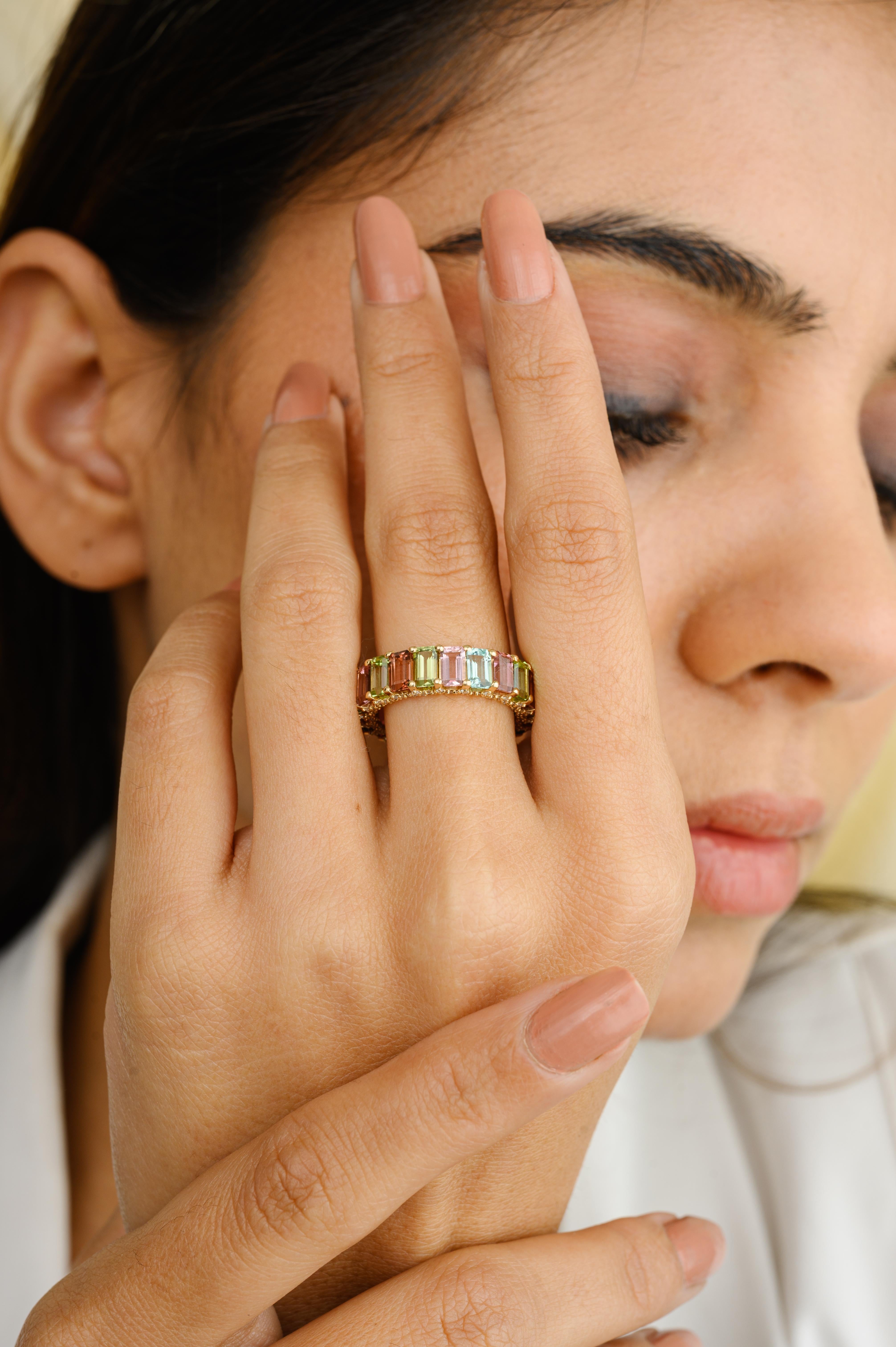 For Sale:  Designer 14k Yellow Gold 5.92 CTW Multi Tourmaline Diamond Wedding Band Ring 2