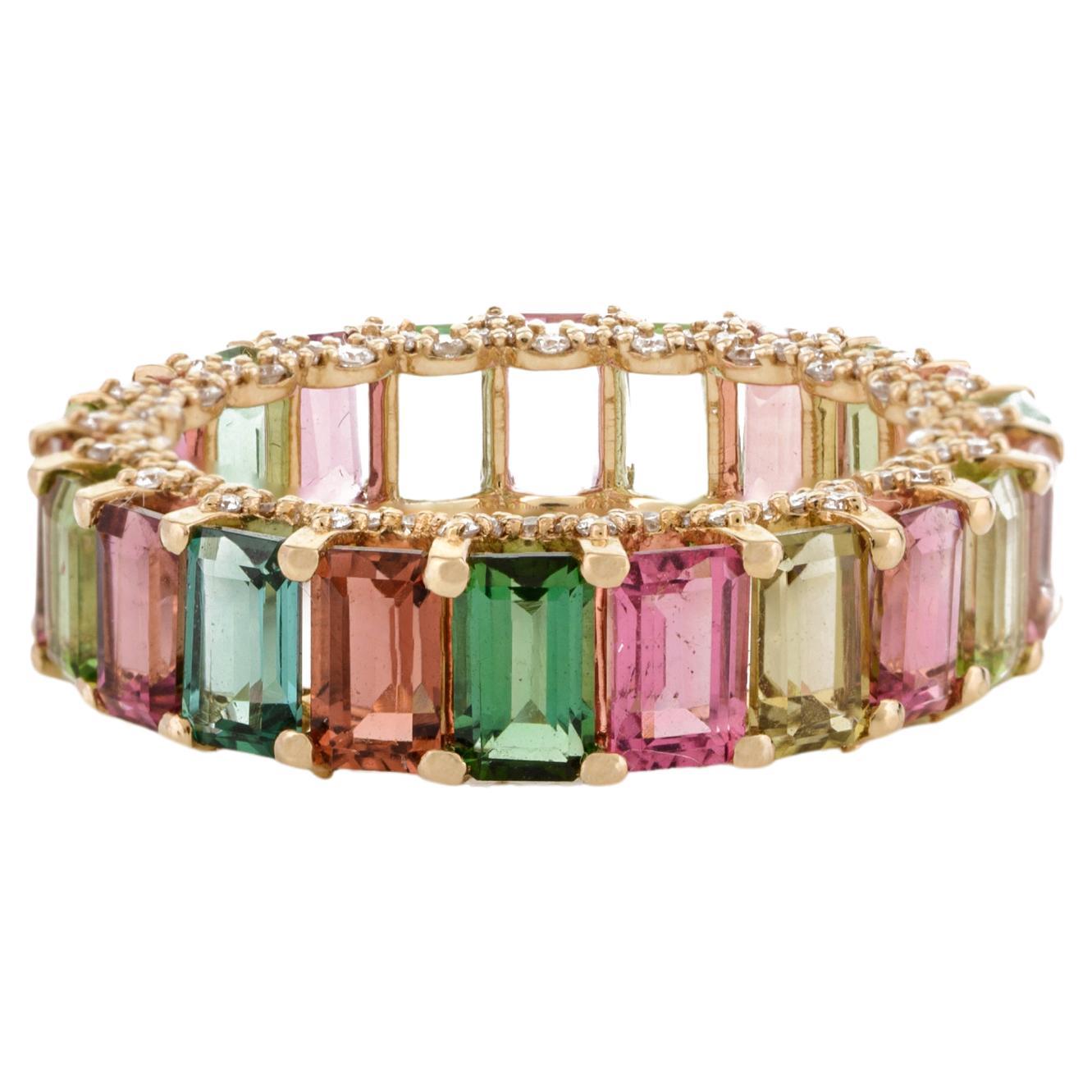 For Sale:  Designer 14k Yellow Gold 5.92 CTW Multi Tourmaline Diamond Wedding Band Ring