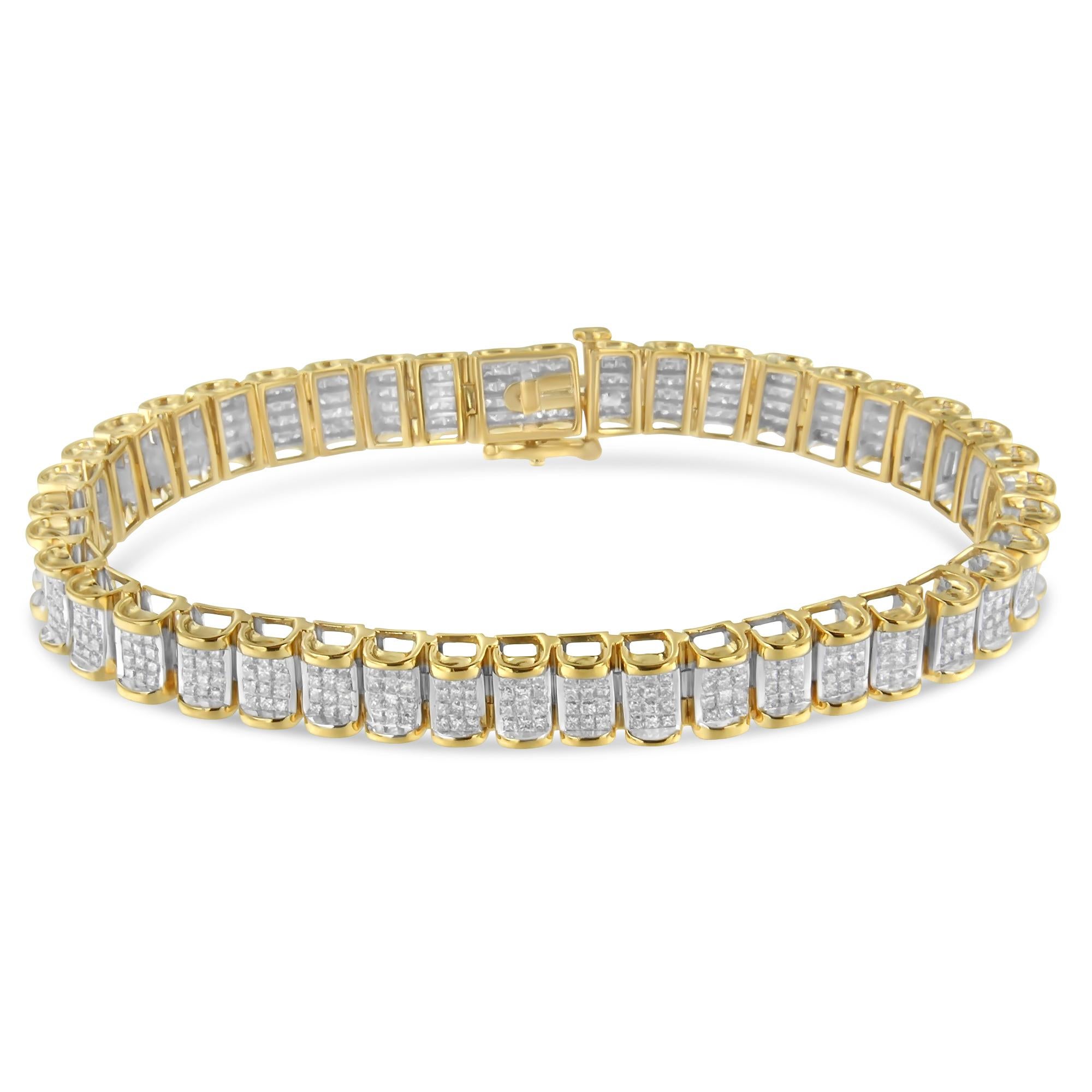 The true beauty of this bracelet is in the details. Interlocking links of yellow gold are connected by the brilliant Princess cut diamonds nestled inside each one. Made with the finest 14K yellow gold, this piece is a true expression of timeless