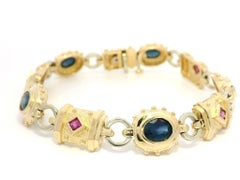 14k Yellow Gold 5ctw Oval Sapphire w/ Square Ruby Geometric Link Bracelet