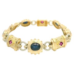 14k Yellow Gold 5ctw Oval Sapphire w/ Square Ruby Geometric Link Bracelet