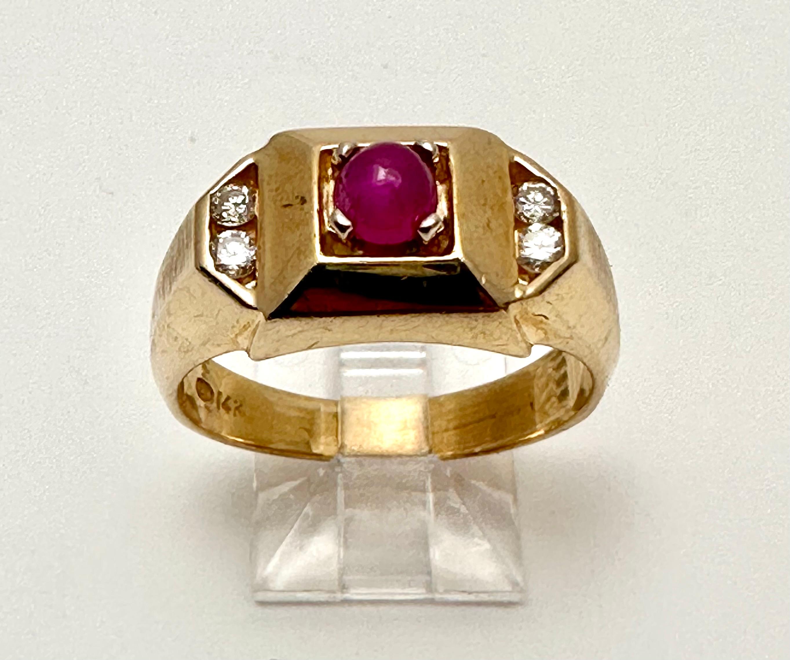 Modern 14k Yellow Gold 5mm Cabochon Ruby with 4 Round Diamonds Ring Size 9 1/2 For Sale