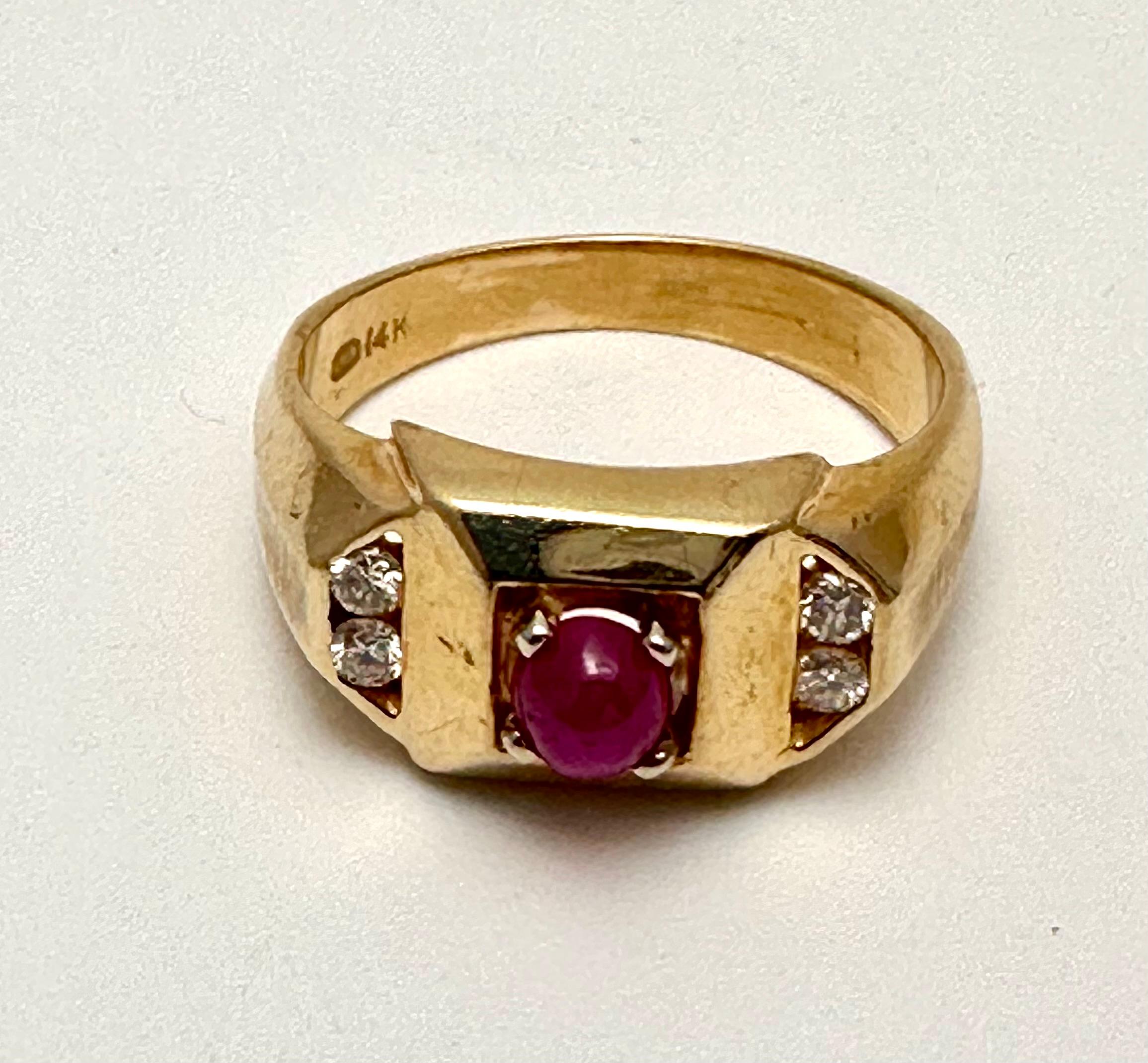 14k Yellow Gold 5mm Cabochon Ruby with 4 Round Diamonds Ring Size 9 1/2 For Sale 1