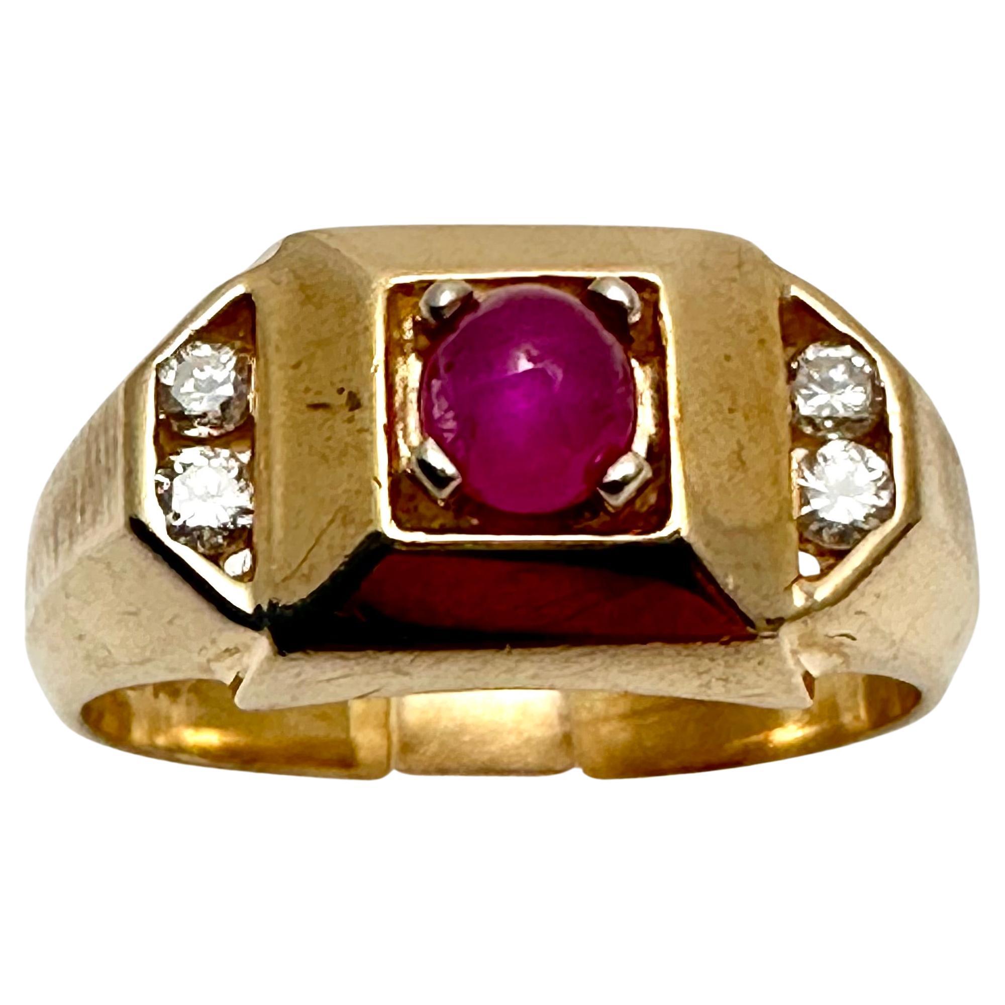 14k Yellow Gold 5mm Cabochon Ruby with 4 Round Diamonds Ring Size 9 1/2 For Sale