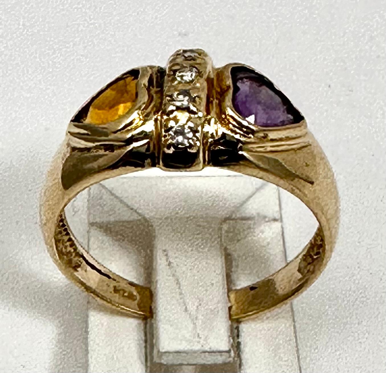 Artisan 14k Yellow Gold ~ 5mm Heart Shaped Citrine Amethyst Diamond ~ Ring ~ Size 4 1/2 For Sale