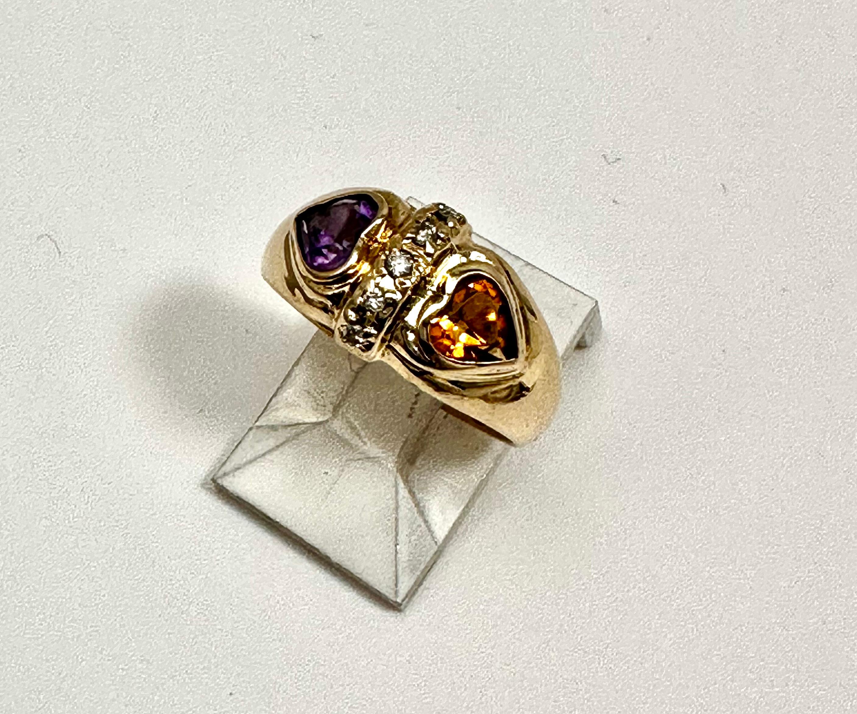 Heart Cut 14k Yellow Gold ~ 5mm Heart Shaped Citrine Amethyst Diamond ~ Ring ~ Size 4 1/2 For Sale
