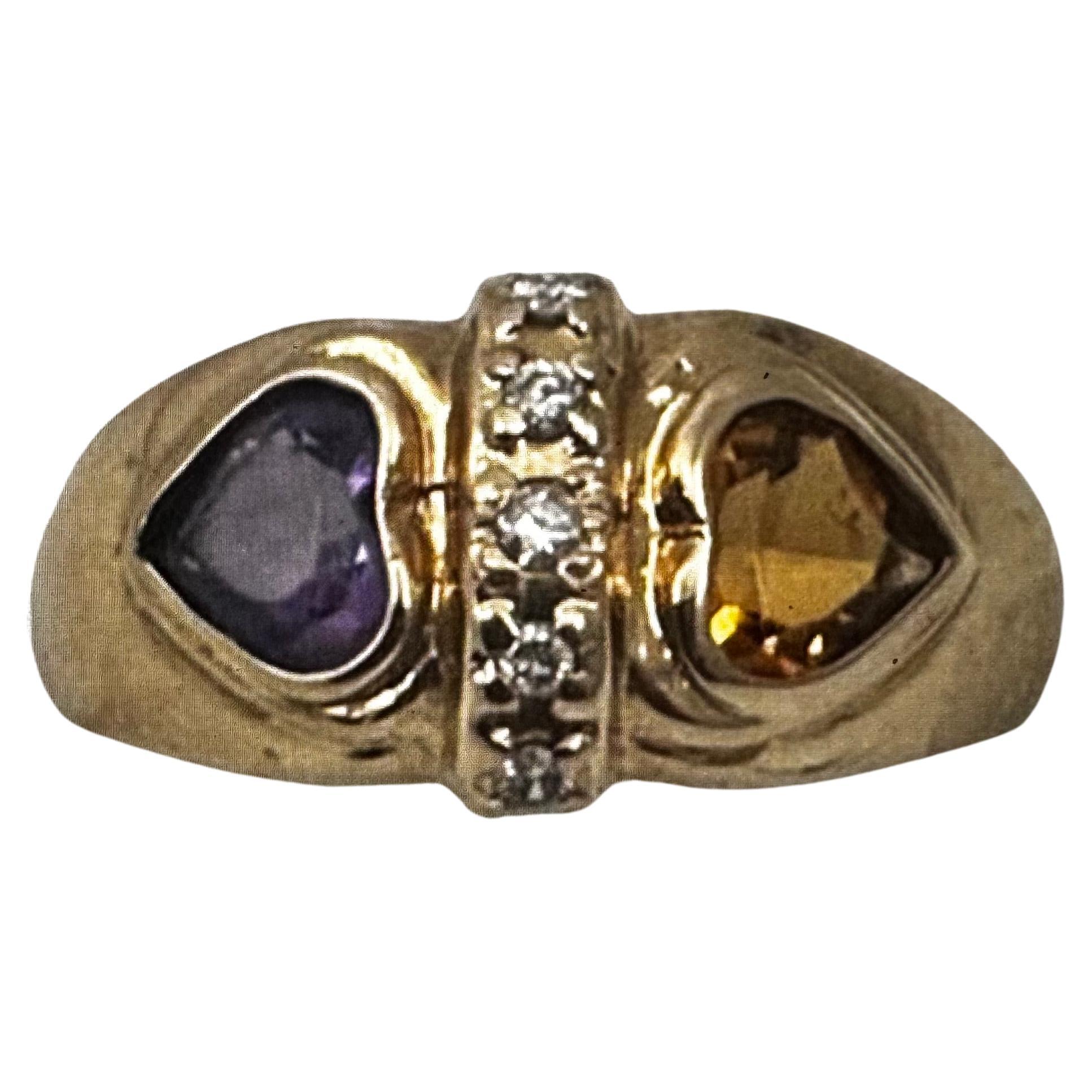 14k Yellow Gold ~ 5mm Heart Shaped Citrine Amethyst Diamond ~ Ring ~ Size 4 1/2 For Sale