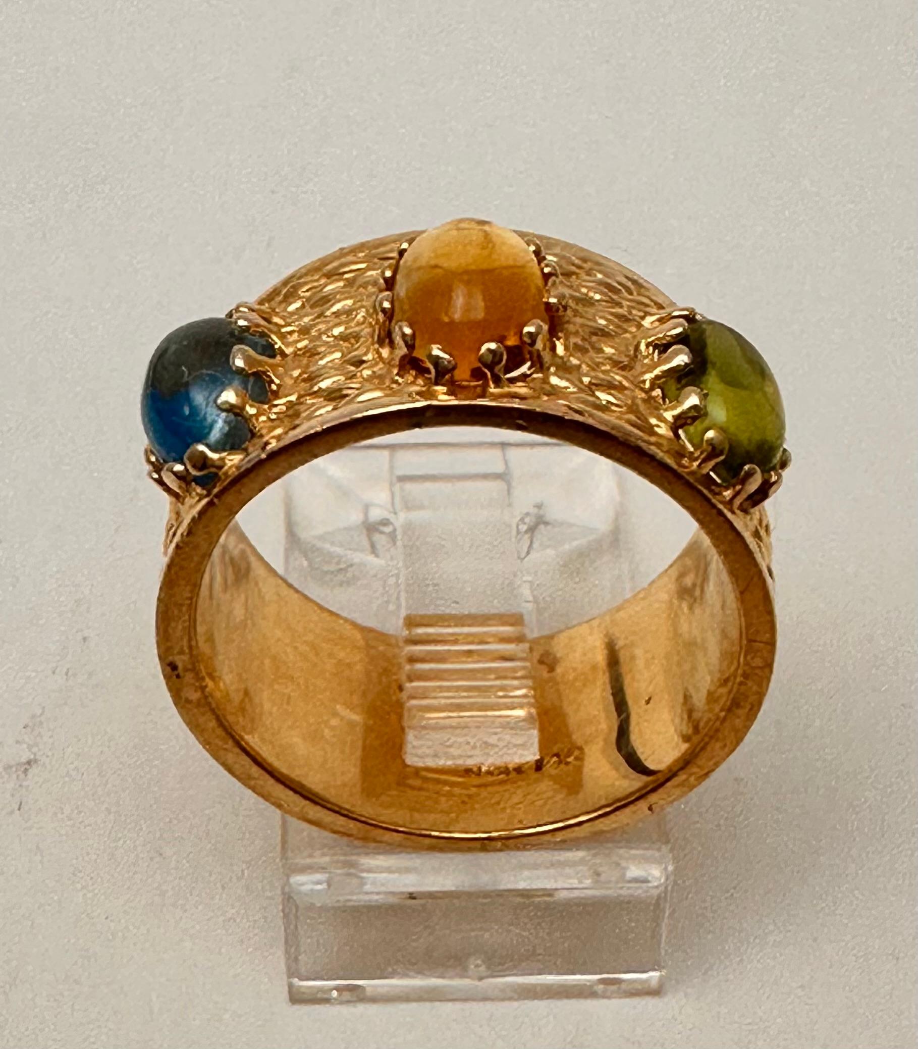 Oval Cut 14k Yellow Gold 5mm x 7mm Blue Topaz Citrine Peridot Cabochon Ring Sz 7 1/4 For Sale
