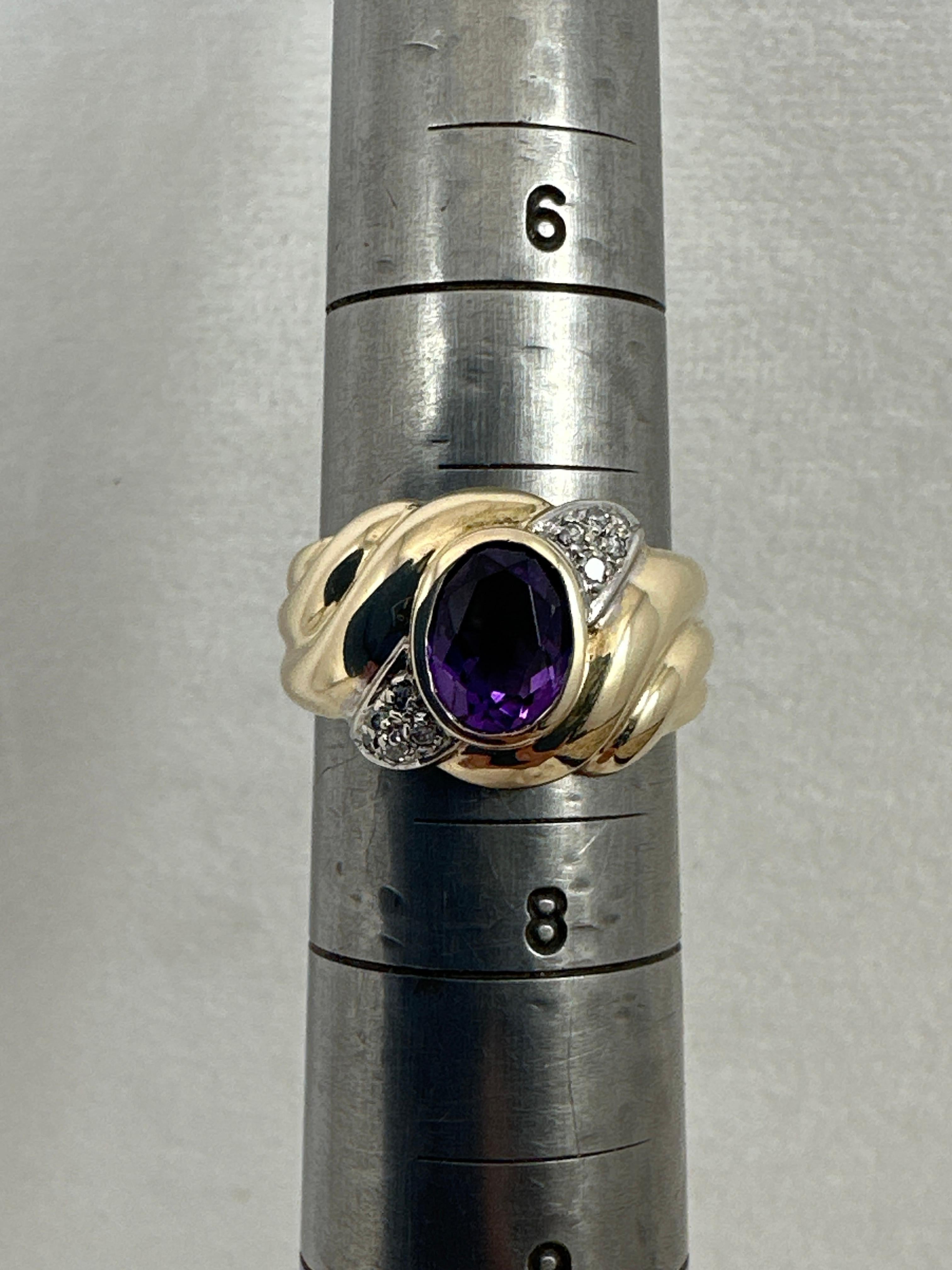 14k Yellow Gold ~ 5mm x 7mm Oval Amethyst ~ 5 ~ Diamonds ~ Ring ~ Size 7 For Sale 1