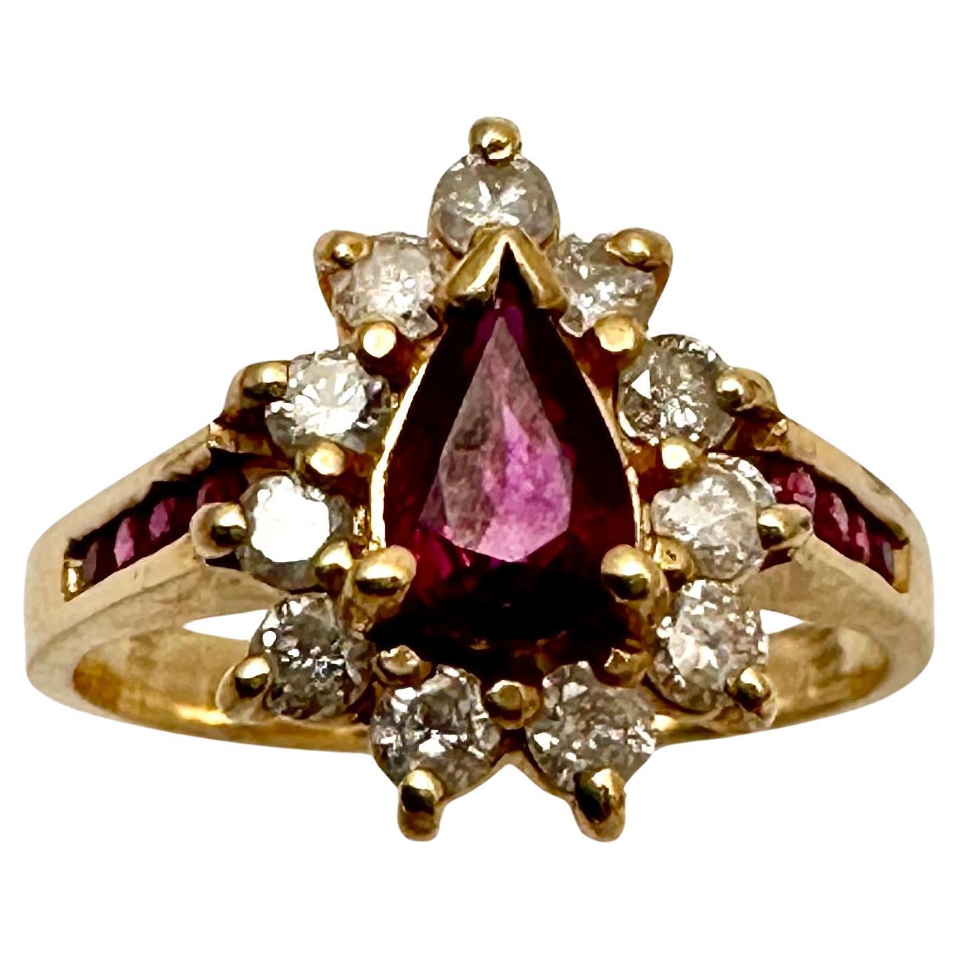 14k Yellow Gold 5mm x 7mm Pear Shape Ruby w/Surrounding Diamonds Ring Sz 6 1/2