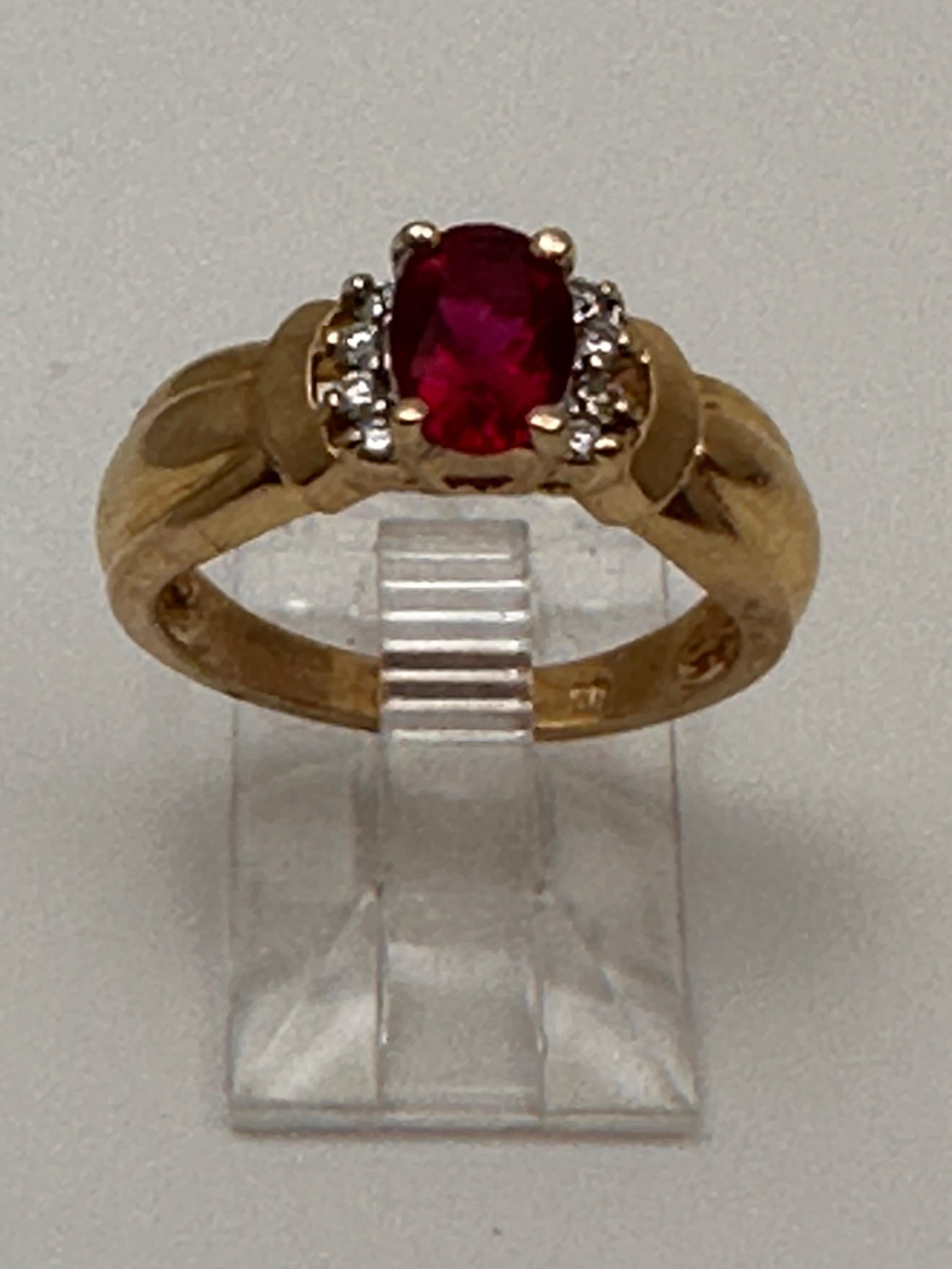 Modern 14k Yellow Gold ~ 5mm x 7mmm Oval Synthetic Ruby and Diamond Ring Size 6 1/4 For Sale