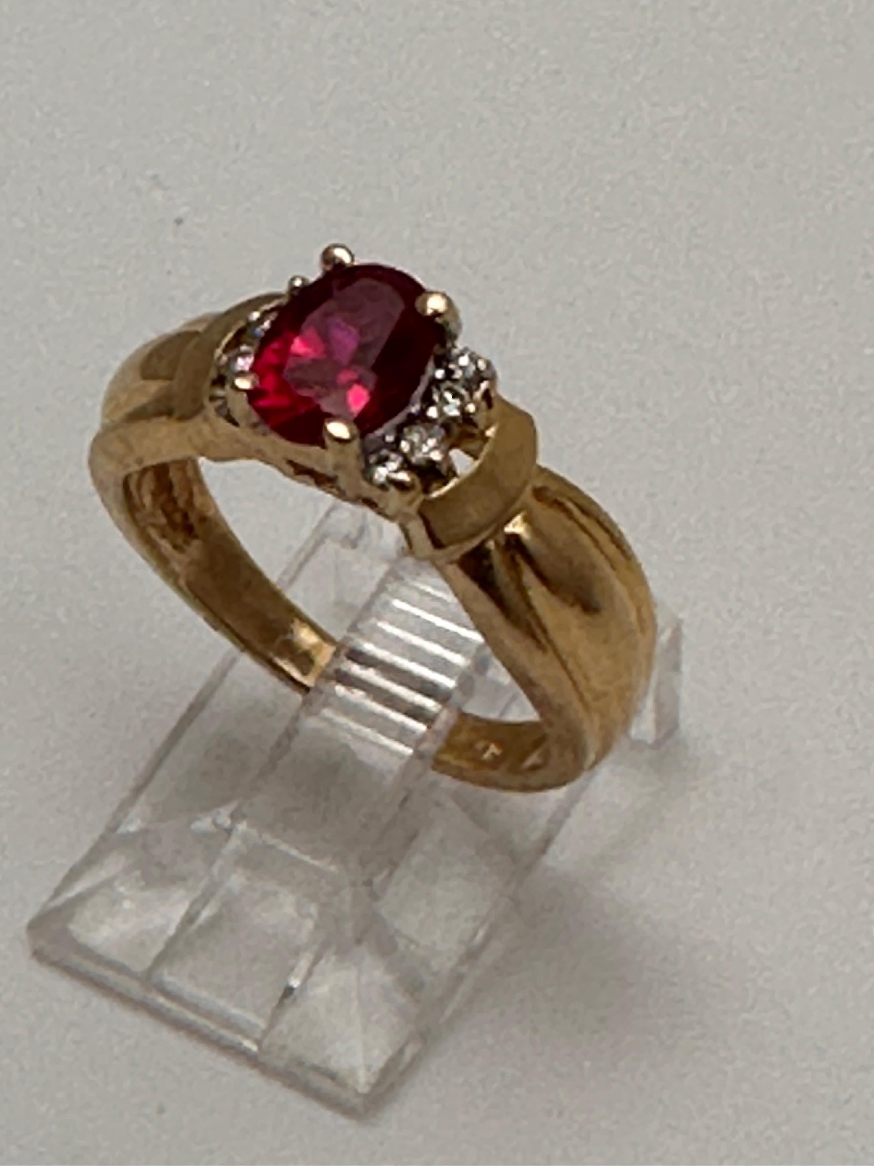 Oval Cut 14k Yellow Gold ~ 5mm x 7mmm Oval Synthetic Ruby and Diamond Ring Size 6 1/4 For Sale
