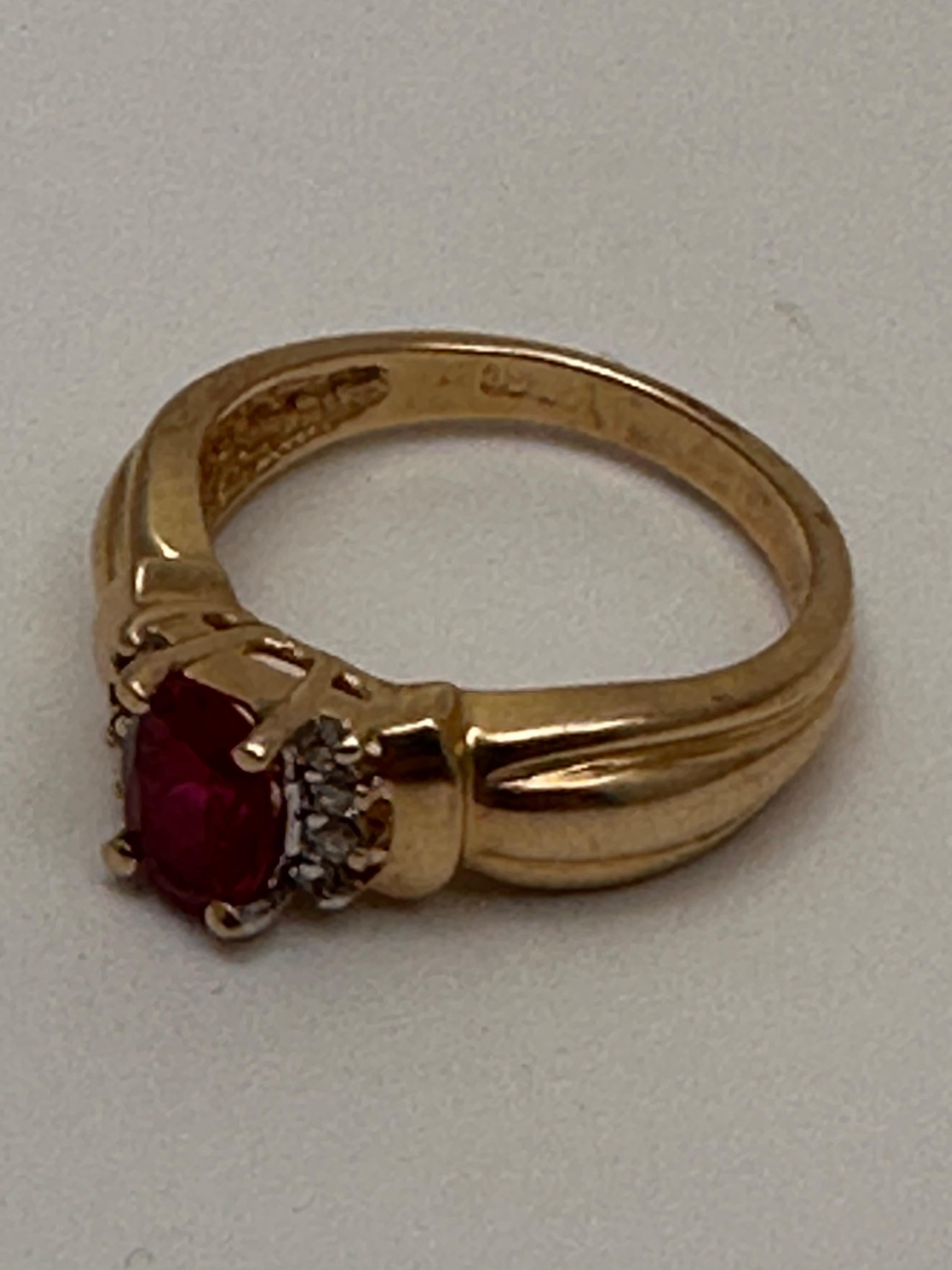 14k Yellow Gold ~ 5mm x 7mmm Oval Synthetic Ruby and Diamond Ring Size 6 1/4 For Sale 1