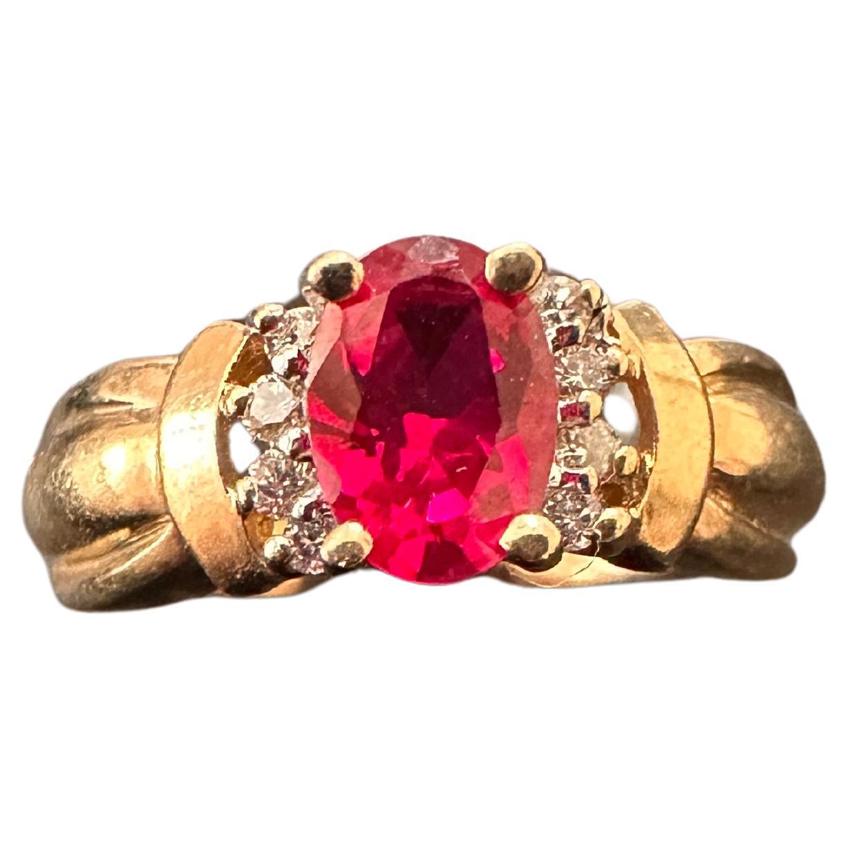 14k Yellow Gold ~ 5mm x 7mmm Oval Synthetic Ruby and Diamond Ring Size 6 1/4 For Sale