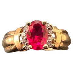 Retro 14k Yellow Gold ~ 5mm x 7mmm Oval Synthetic Ruby and Diamond Ring Size 6 1/4