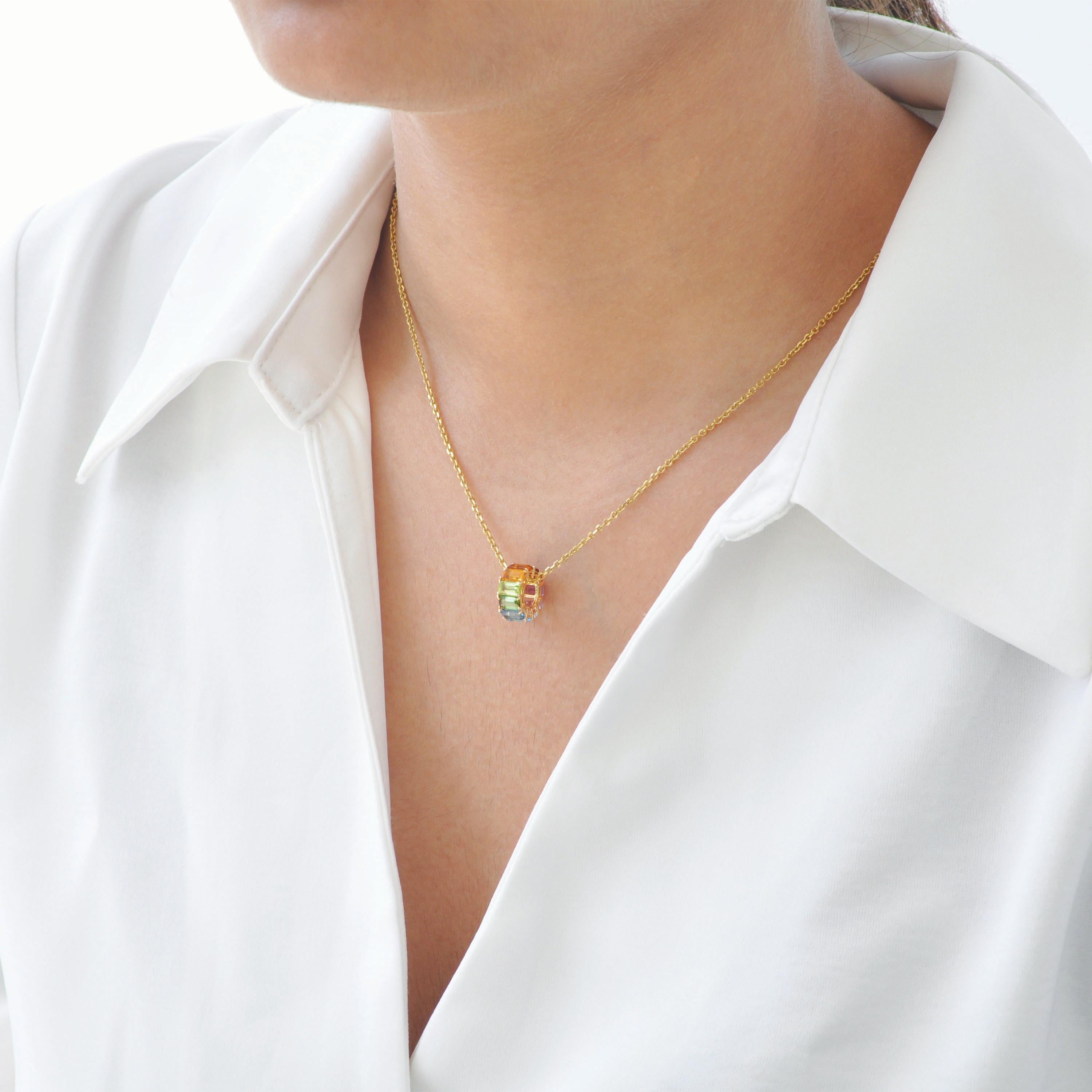 Pendentif rond octogonal en or jaune 14 carats 5 x 3 mm avec pierres précieuses arc-en-ciel en vente 10