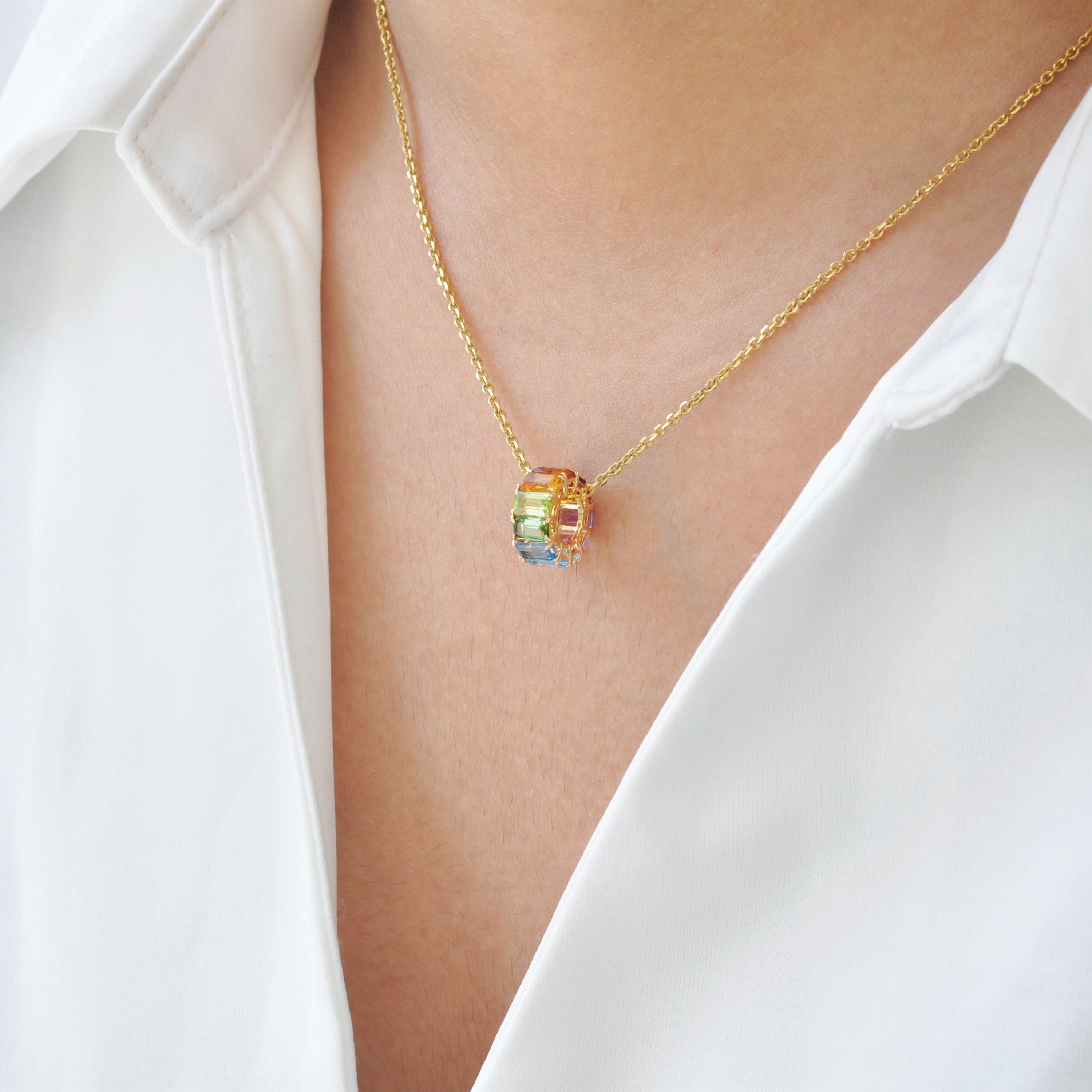 Pendentif rond octogonal en or jaune 14 carats 5 x 3 mm avec pierres précieuses arc-en-ciel en vente 12