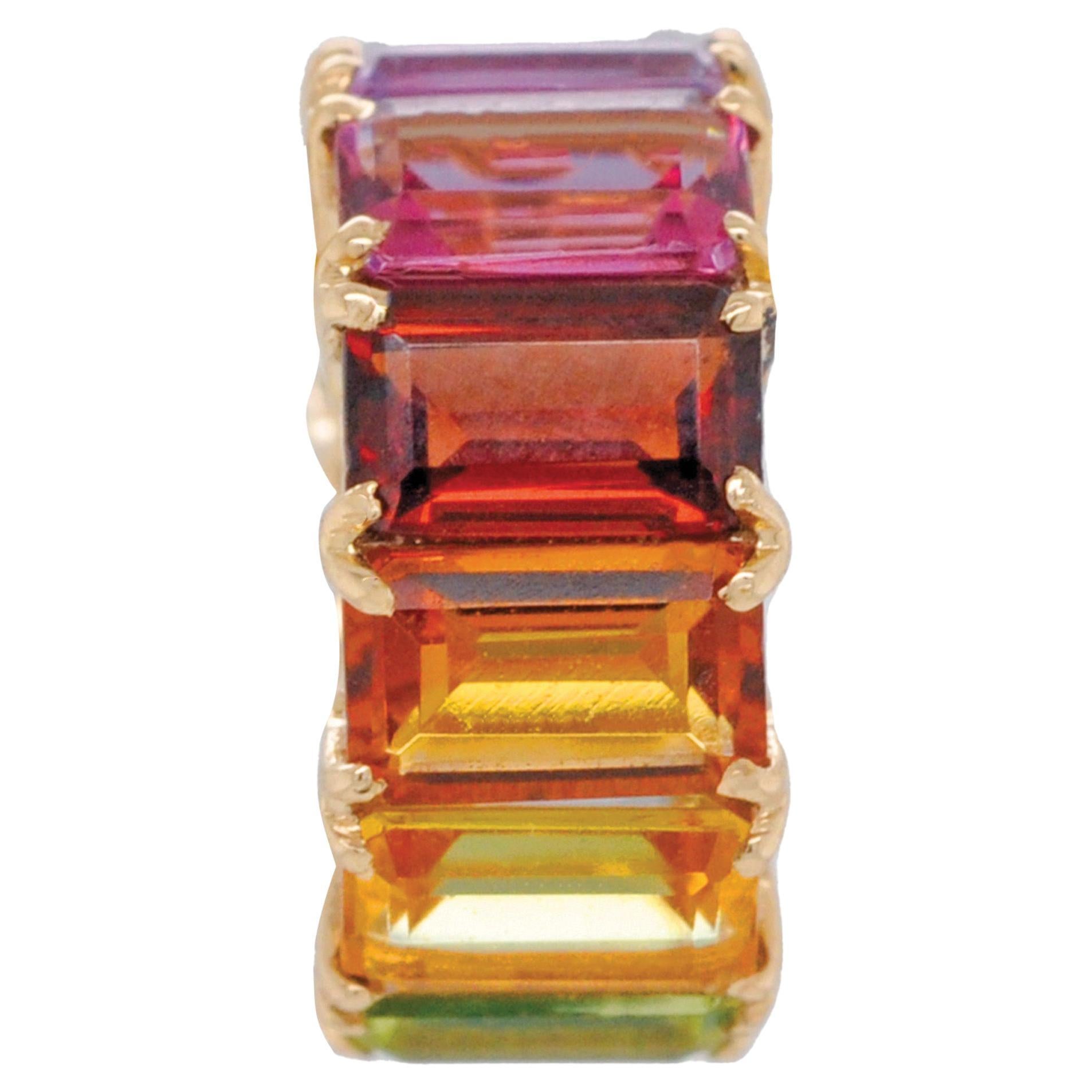14K Yellow Gold 5x3 MM Octagon Rainbow Gemstones Circle Ring Pendant
