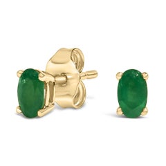 14K Yellow Gold 5x3 MM Oval Green Emerald Solitaire Stud Earrings