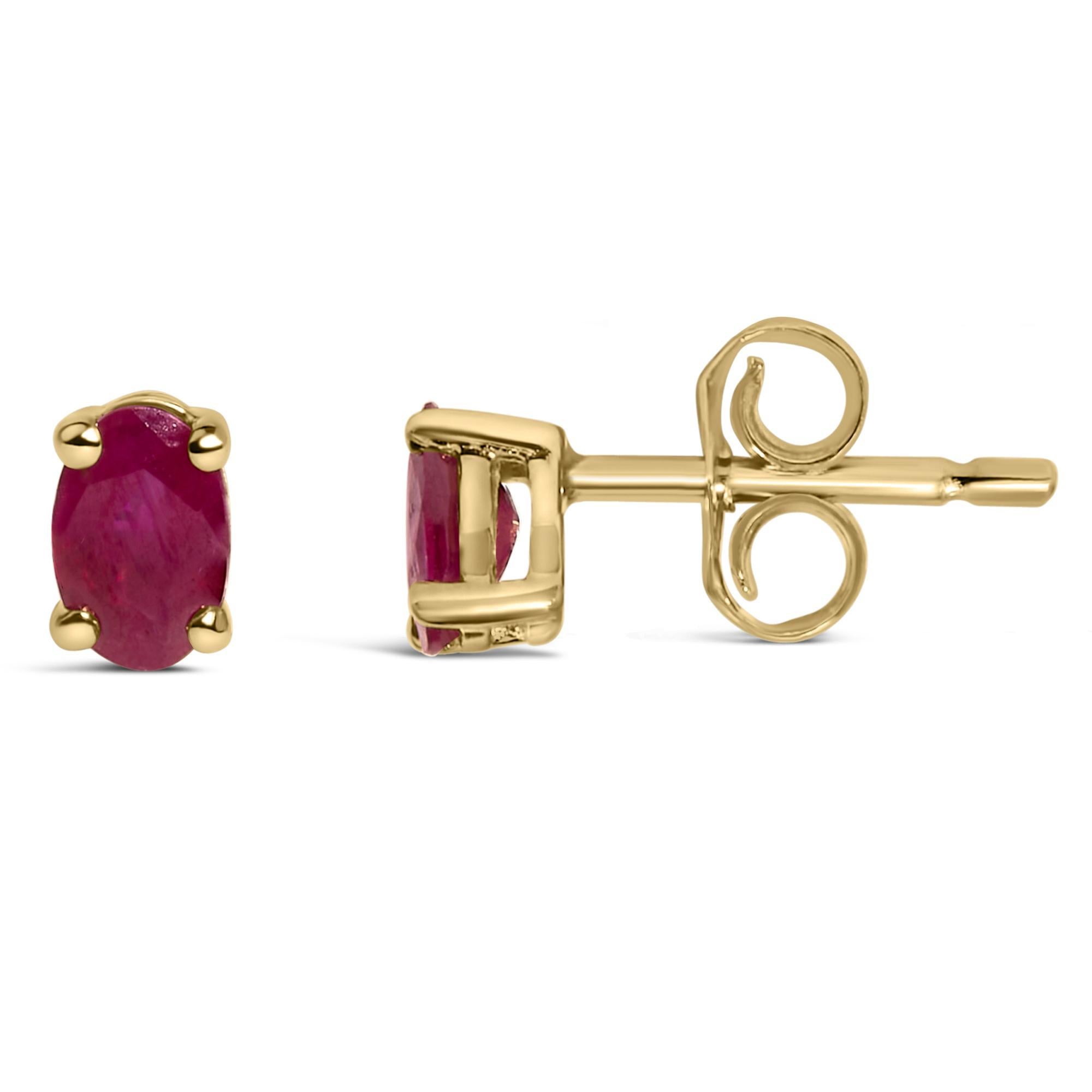 Modern 14K Yellow Gold 5x3 MM Oval Red Ruby Solitaire Stud Earrings For Sale