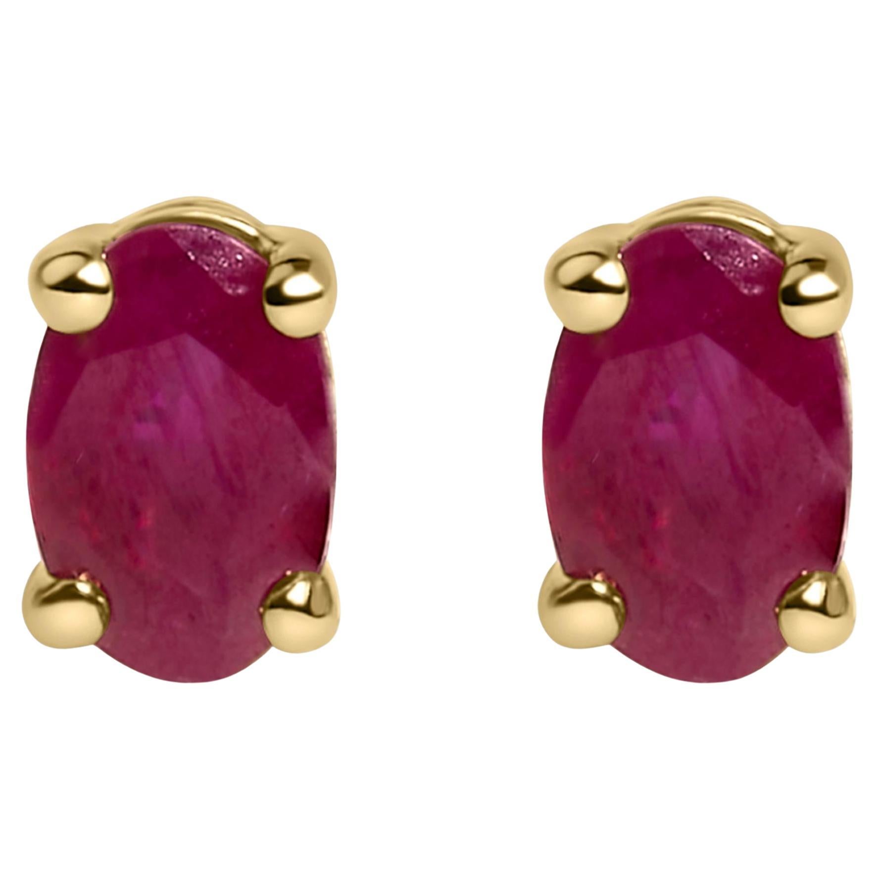 14K Yellow Gold 5x3 MM Oval Red Ruby Solitaire Stud Earrings